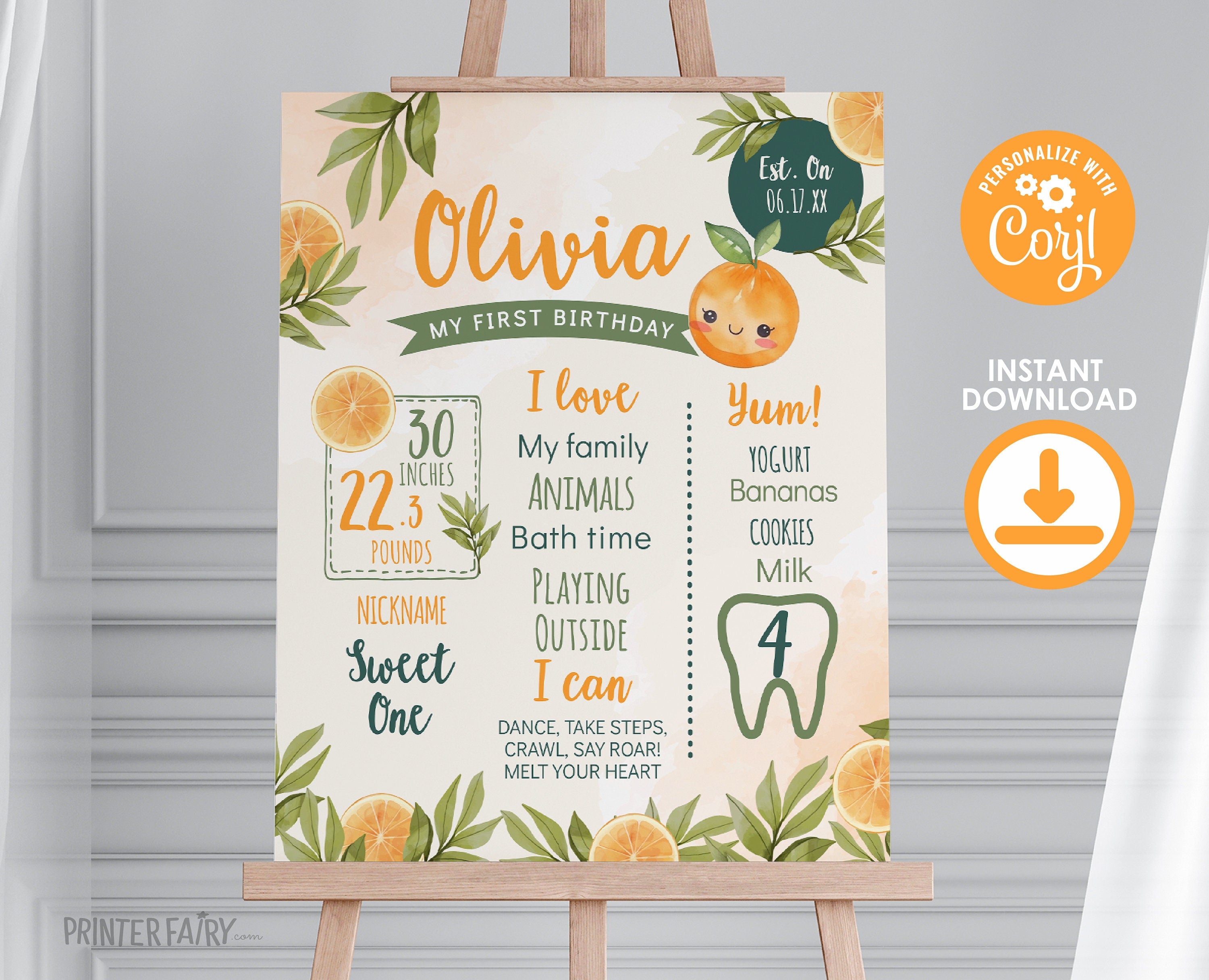Sweet Orange First Birthday Stats Board, Editable Milestones Sign (Digital Download)