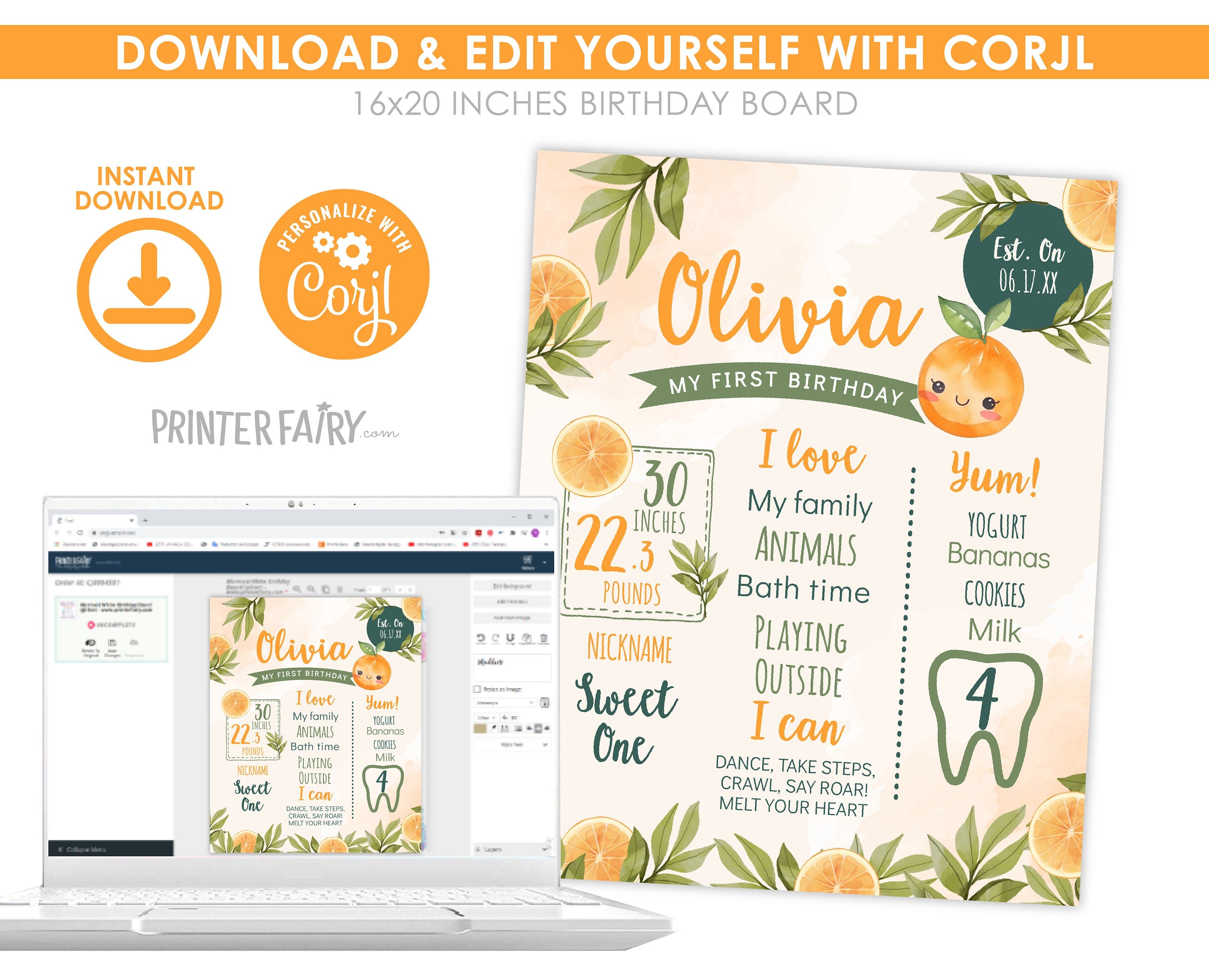 Sweet Orange First Birthday Stats Board, Editable Milestones Sign (Digital Download)