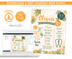 Sweet Orange First Birthday Stats Board, Editable Milestones Sign (Digital Download)