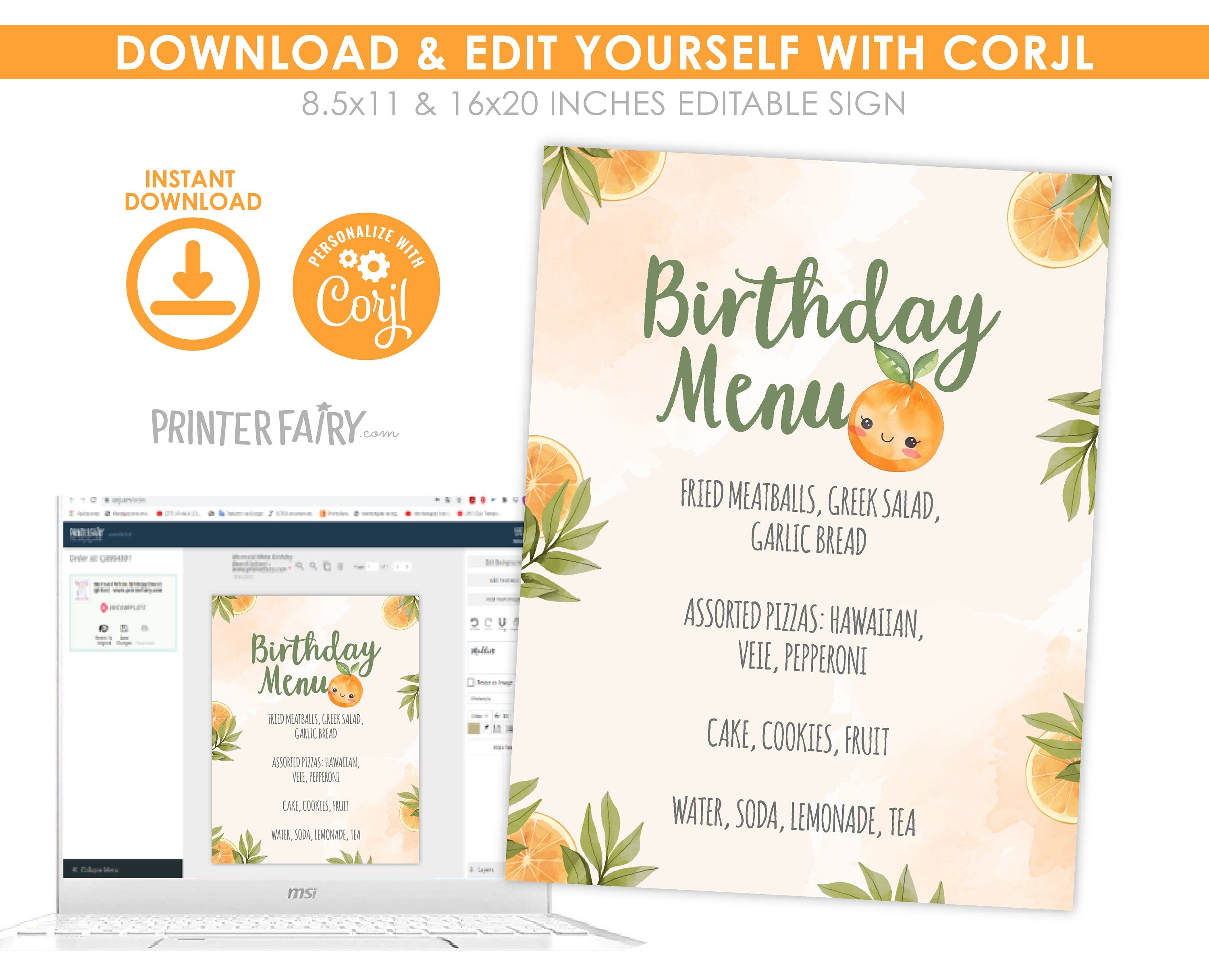 Sweet Orange Birthday Menu Sign, Editable Party Food Table (Digital Download)