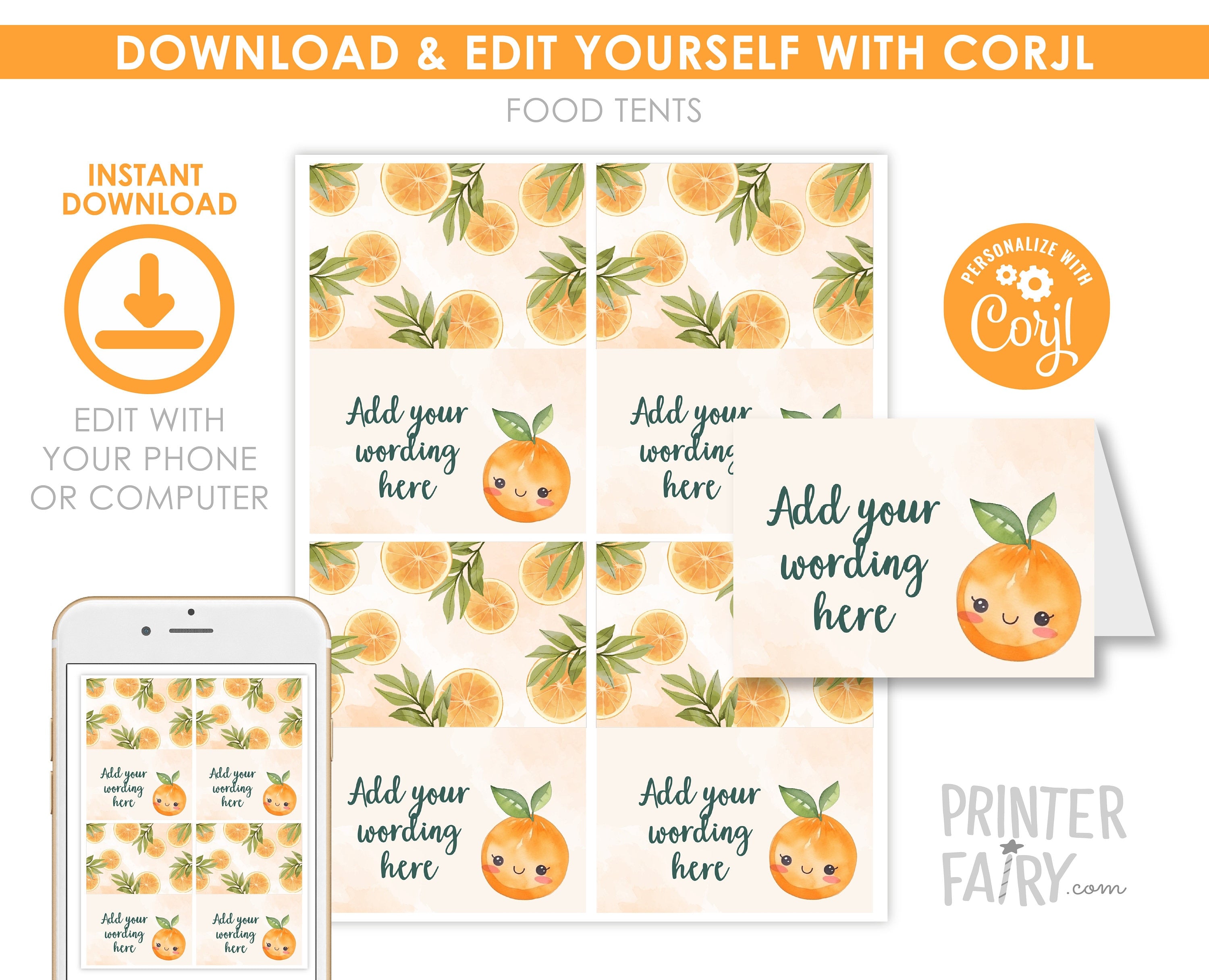 Sweet Orange Birthday Food Tents, Editable Party Decorations (Digital Download)
