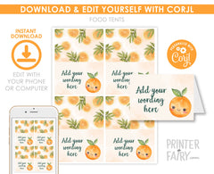 Sweet Orange Birthday Food Tents, Editable Party Decorations (Digital Download)