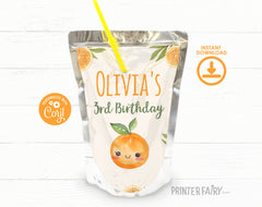 Sweet Orange Drink Pouch Label, Birthday Party Template (Instant Download)