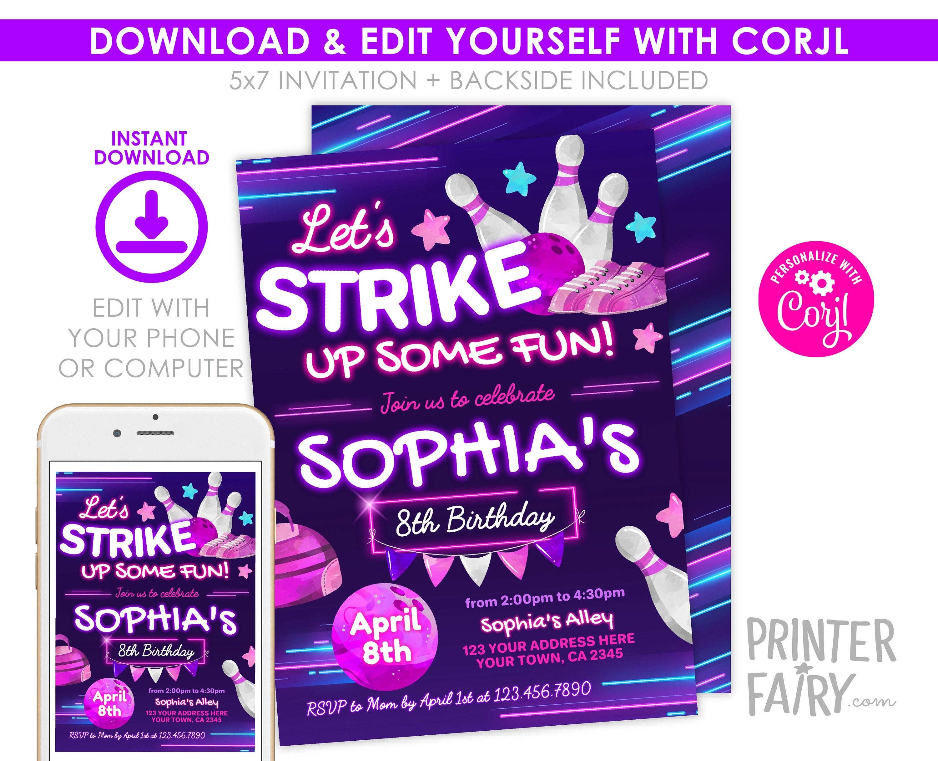 Bowling Birthday Party Invitation, Editable Template (Digital Download)