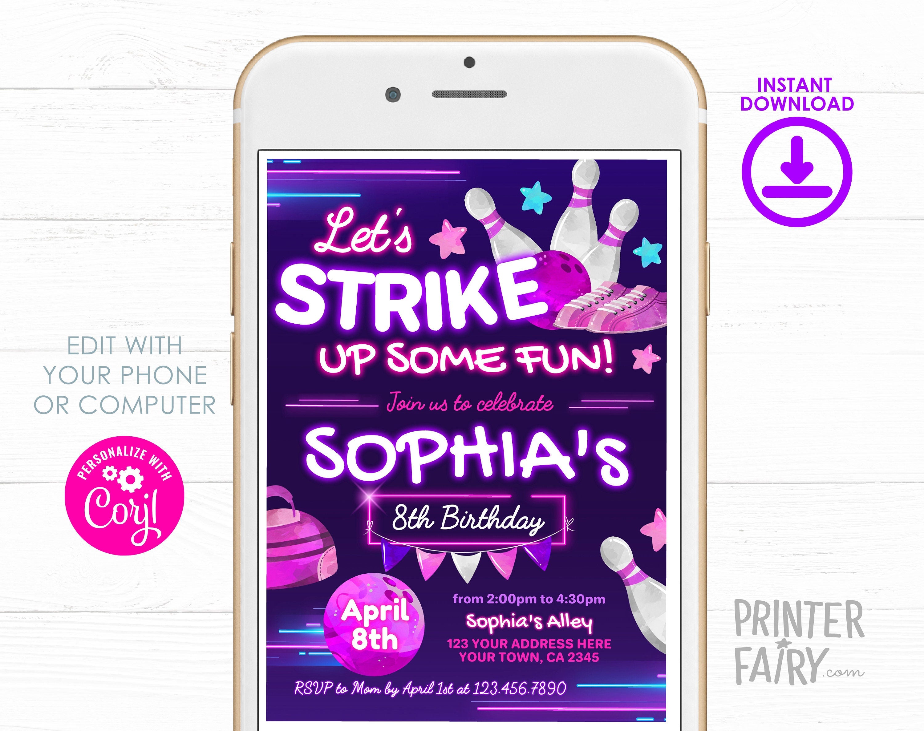 Bowling Birthday Party Invitation, Editable Template (Digital Download)