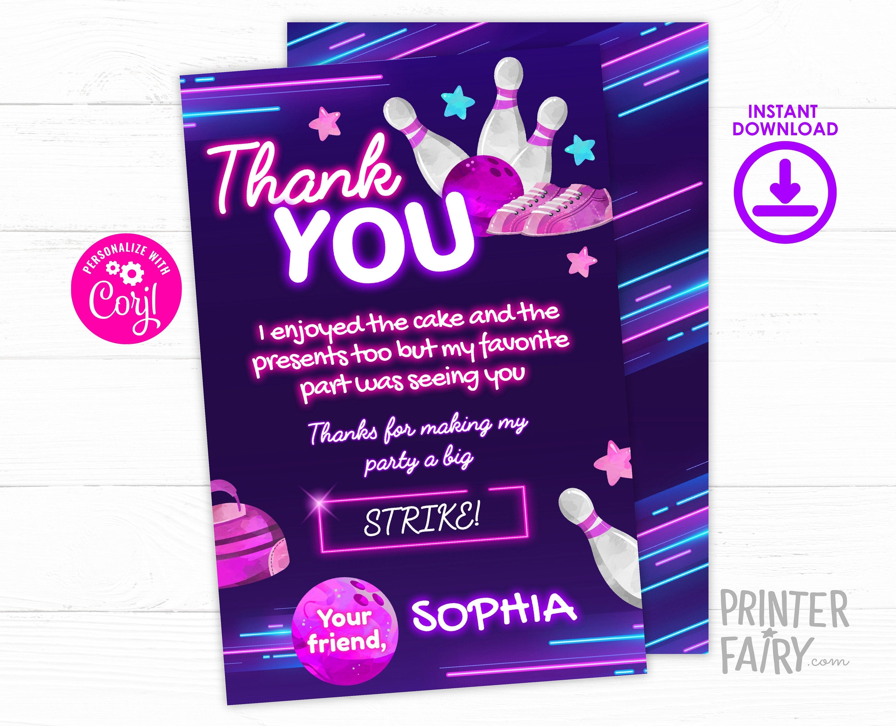 Bowling Birthday Thank You Card, Editable Printable (Instant Download)