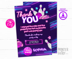 Bowling Birthday Thank You Card, Editable Printable (Instant Download)