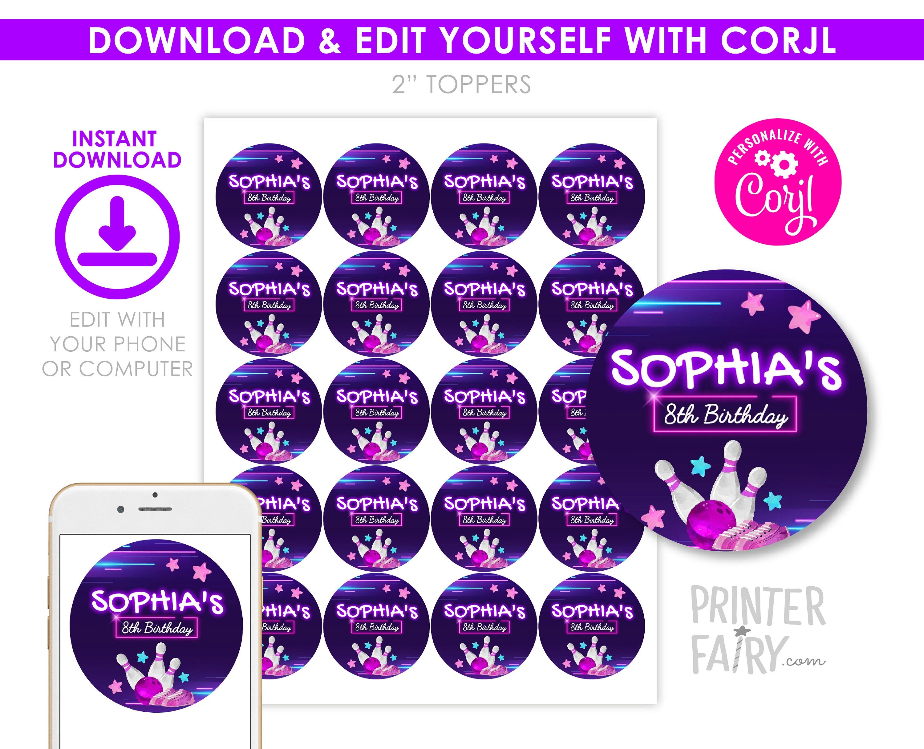 Bowling Birthday Party Toppers, Editable Round Labels (Digital Download)