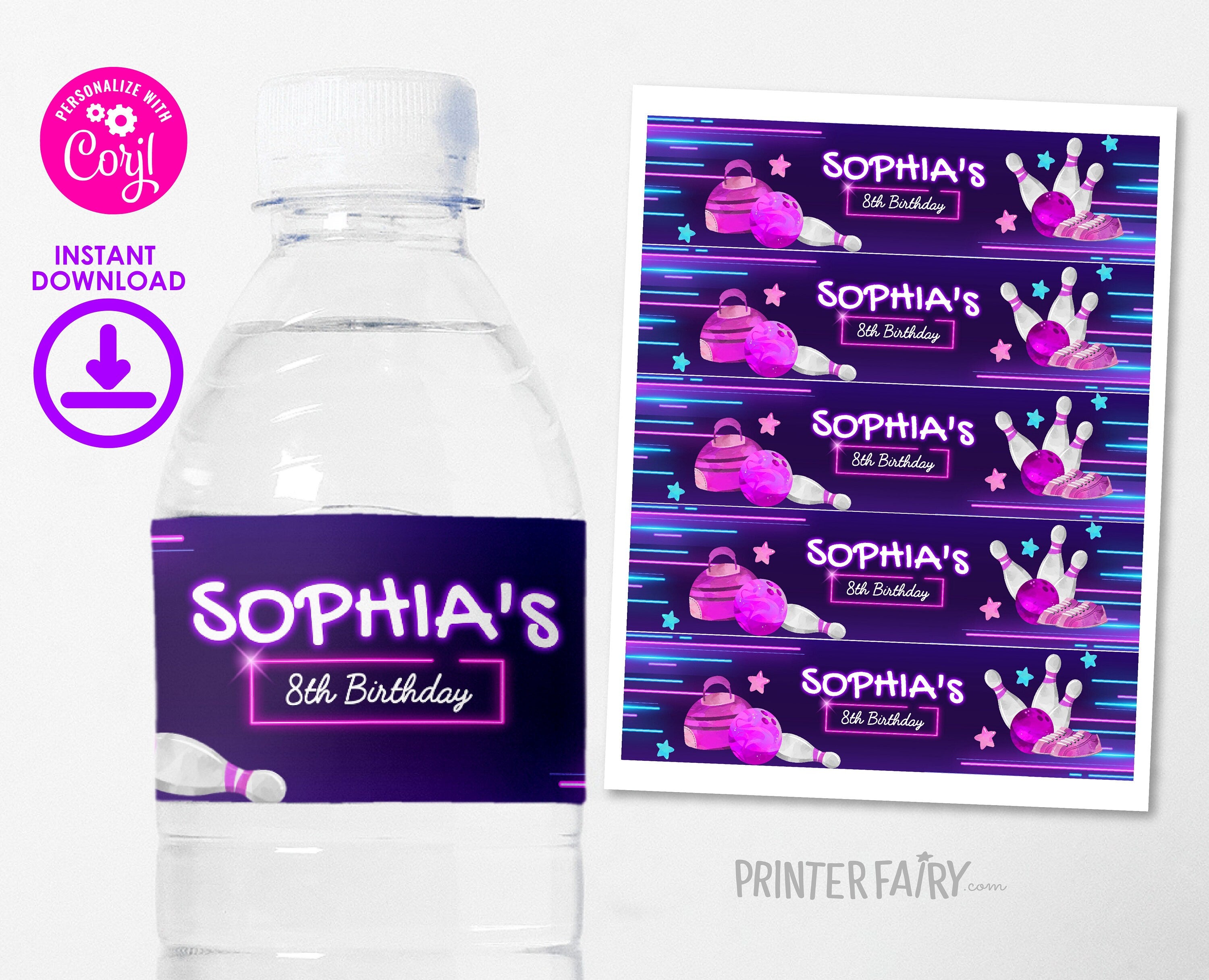 Bowling Birthday Party Water Bottle Label, Editable Printable (Instant Download)