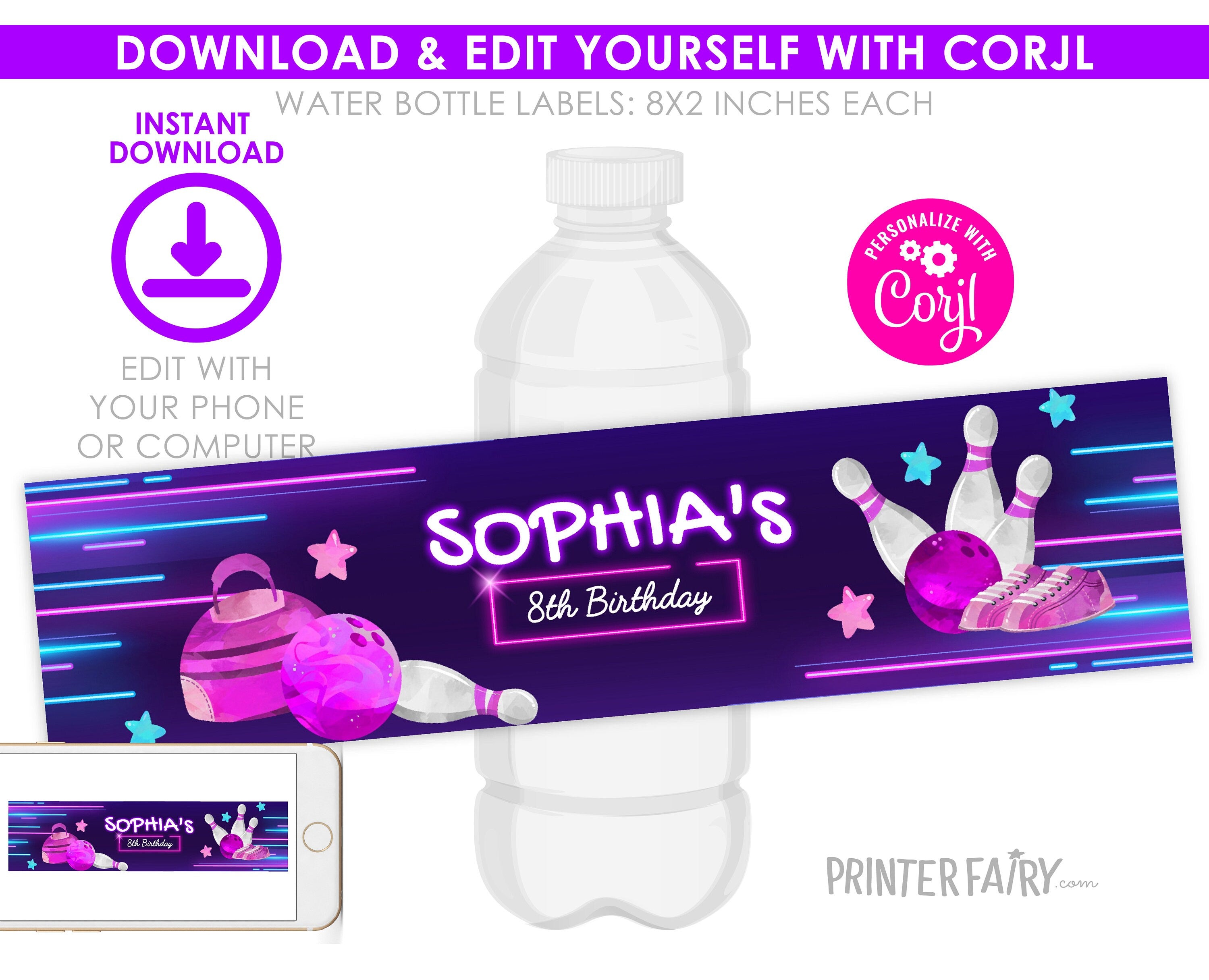 Bowling Birthday Party Water Bottle Label, Editable Printable (Instant Download)