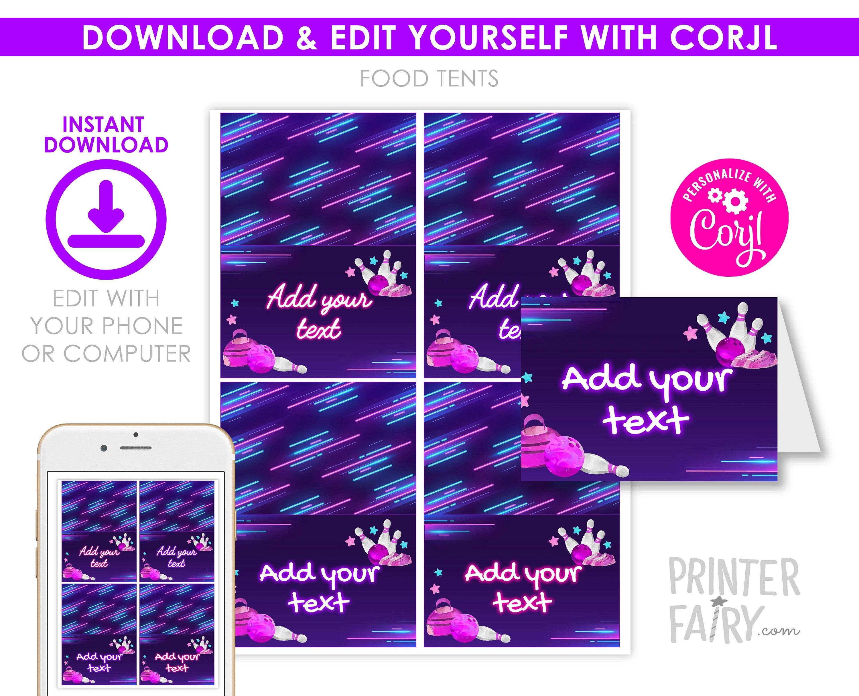 Bowling Birthday Party Food Tents, Editable Printable (Instant Download)