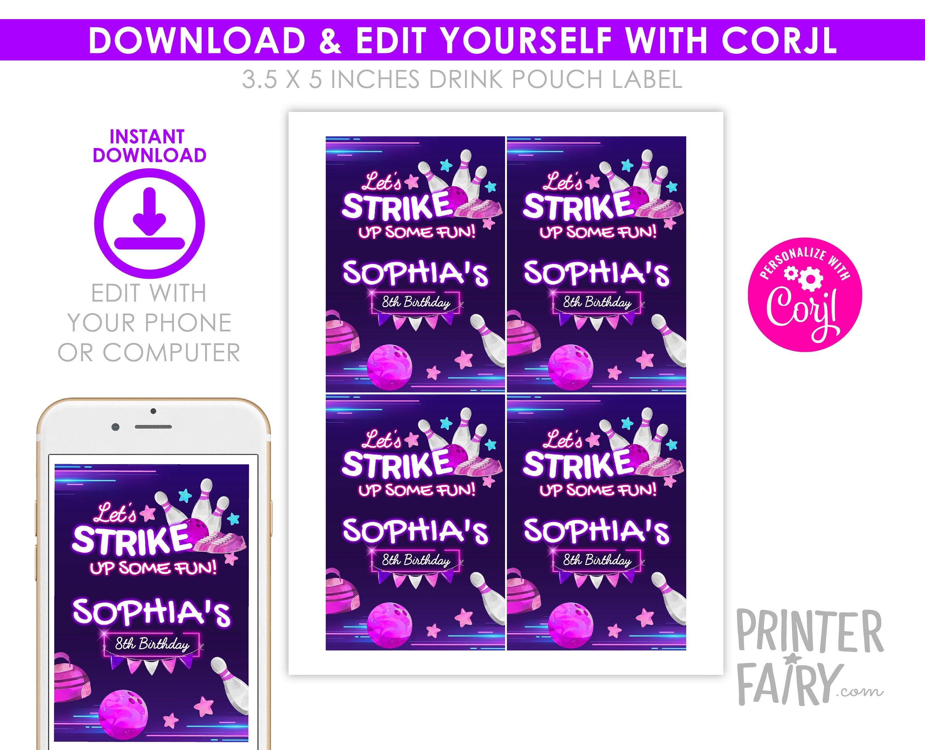 Bowling Birthday Party Drink Pouch Label, Editable (Digital Download)