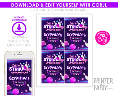 Bowling Birthday Party Drink Pouch Label, Editable (Digital Download)