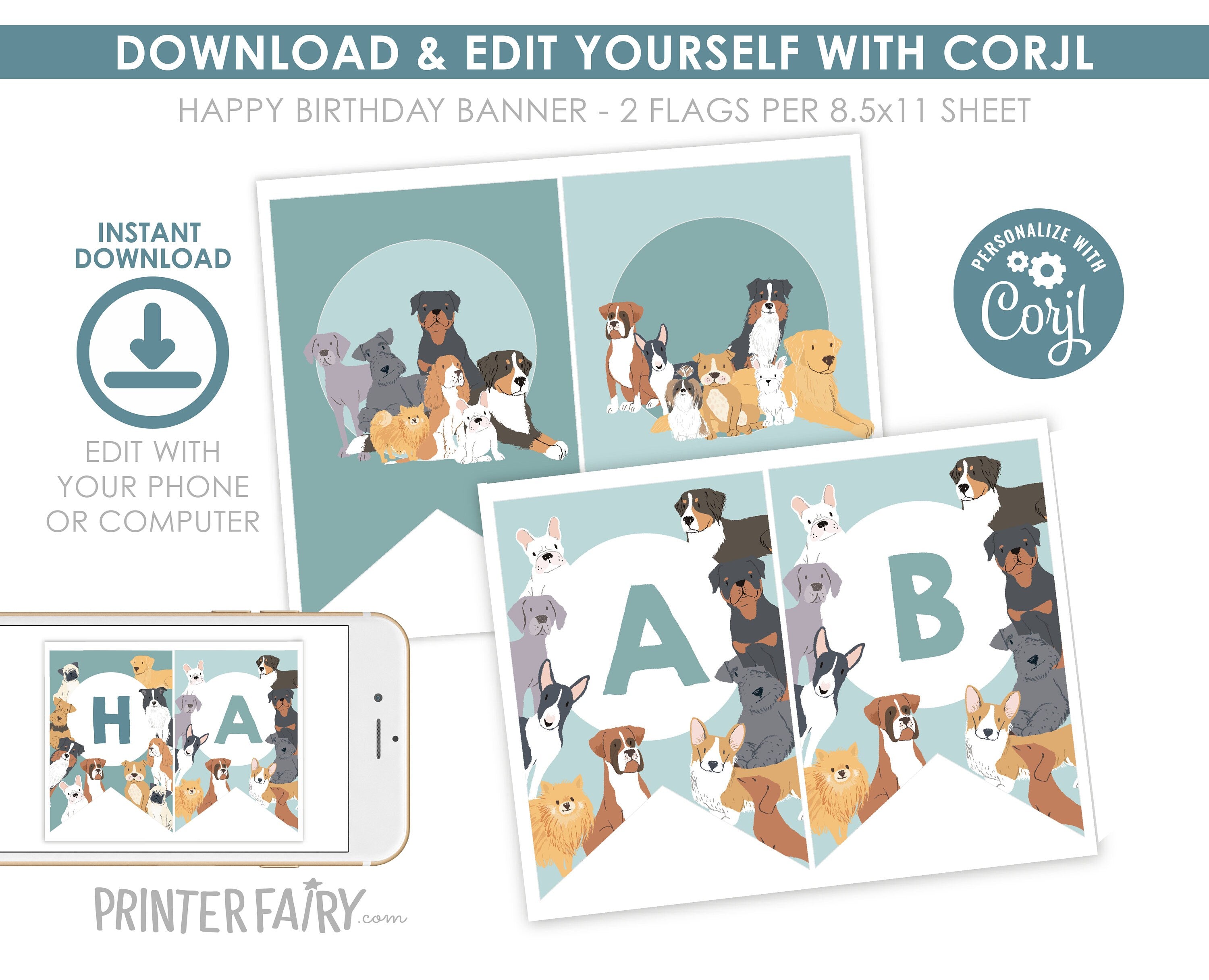 Puppy Birthday Party Editable Banner Template, Pet Adoption Party, Instant Download