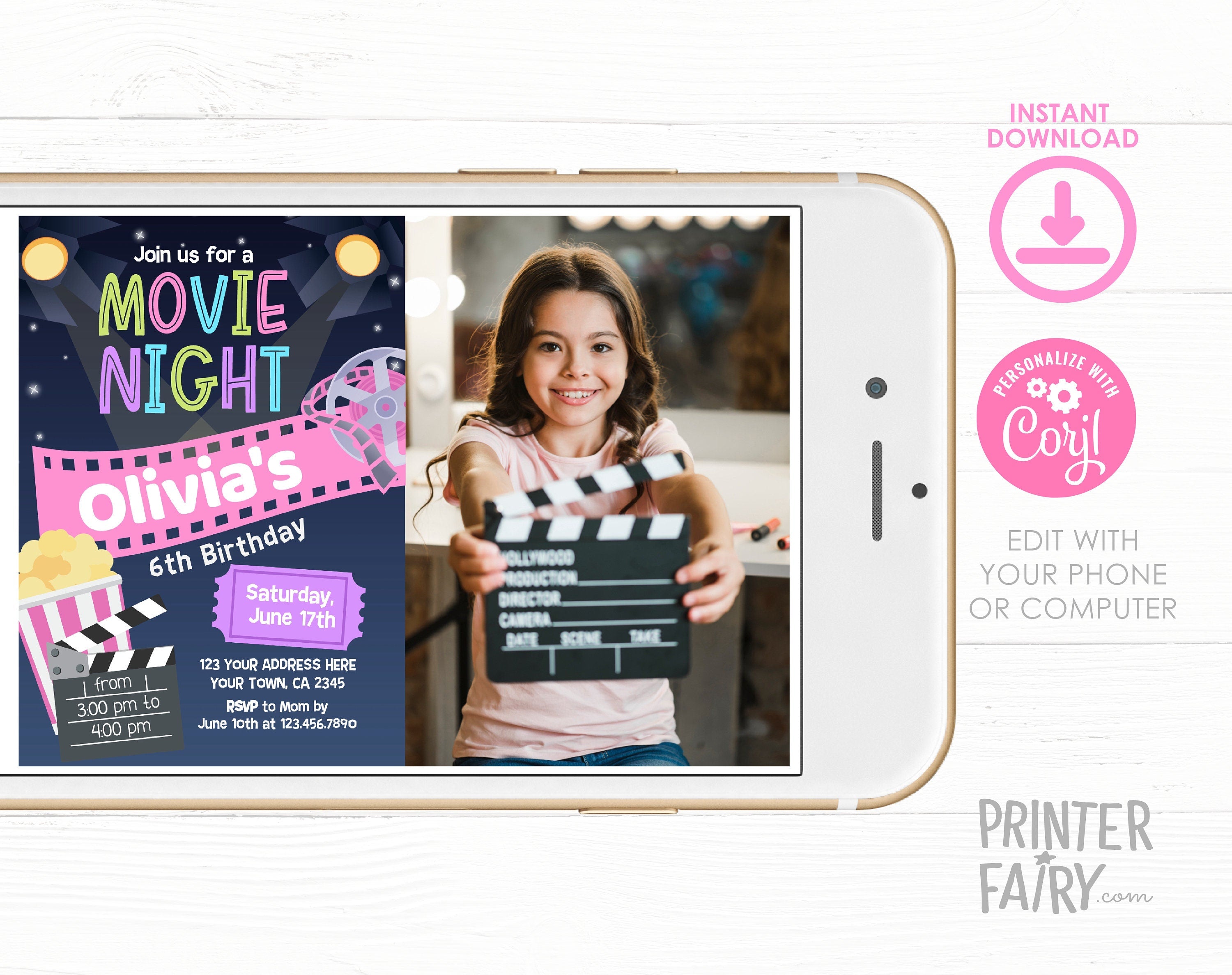 Editable Movie Night Birthday Invitation with Photo (Digital Download)