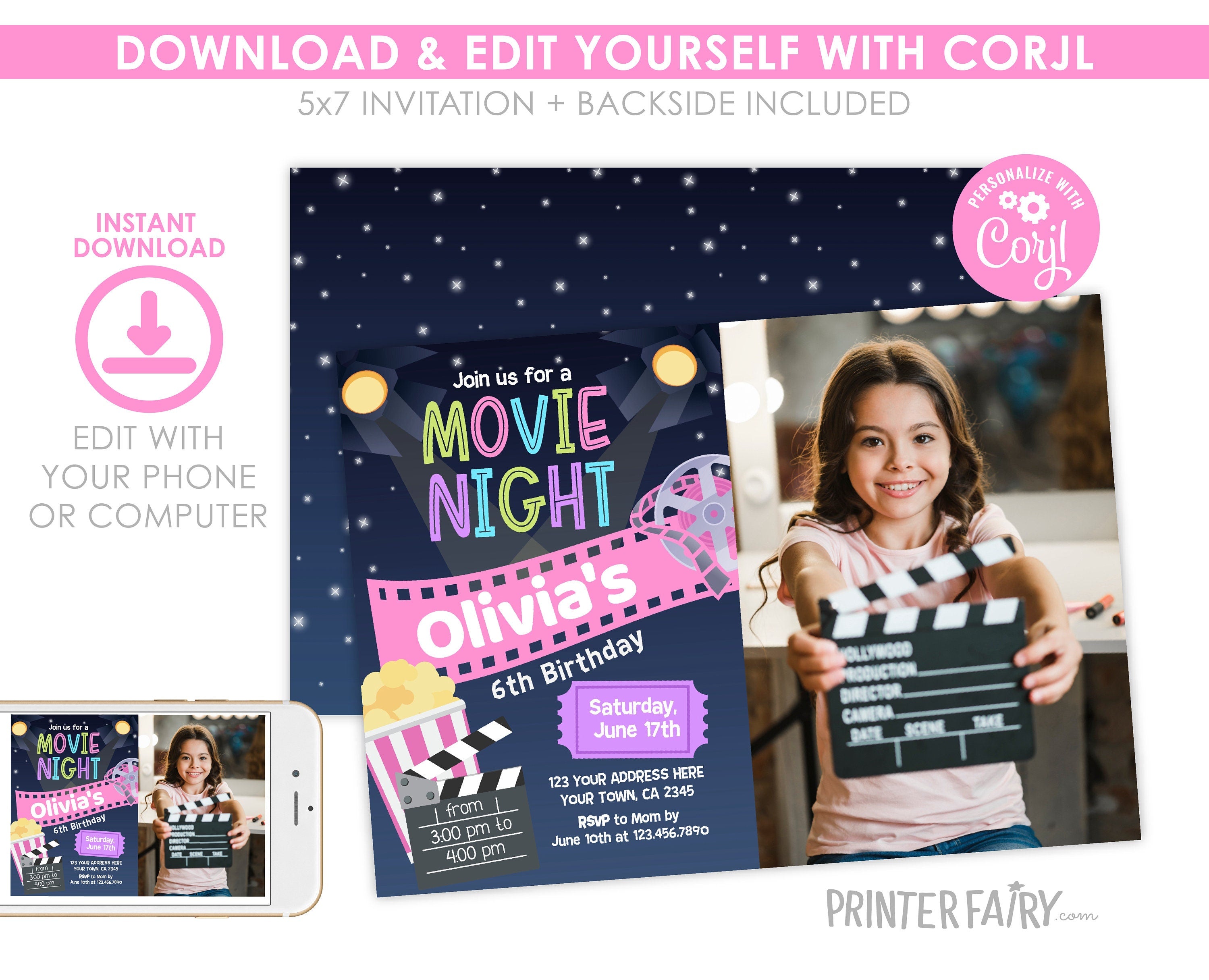 Editable Movie Night Birthday Invitation with Photo (Digital Download)