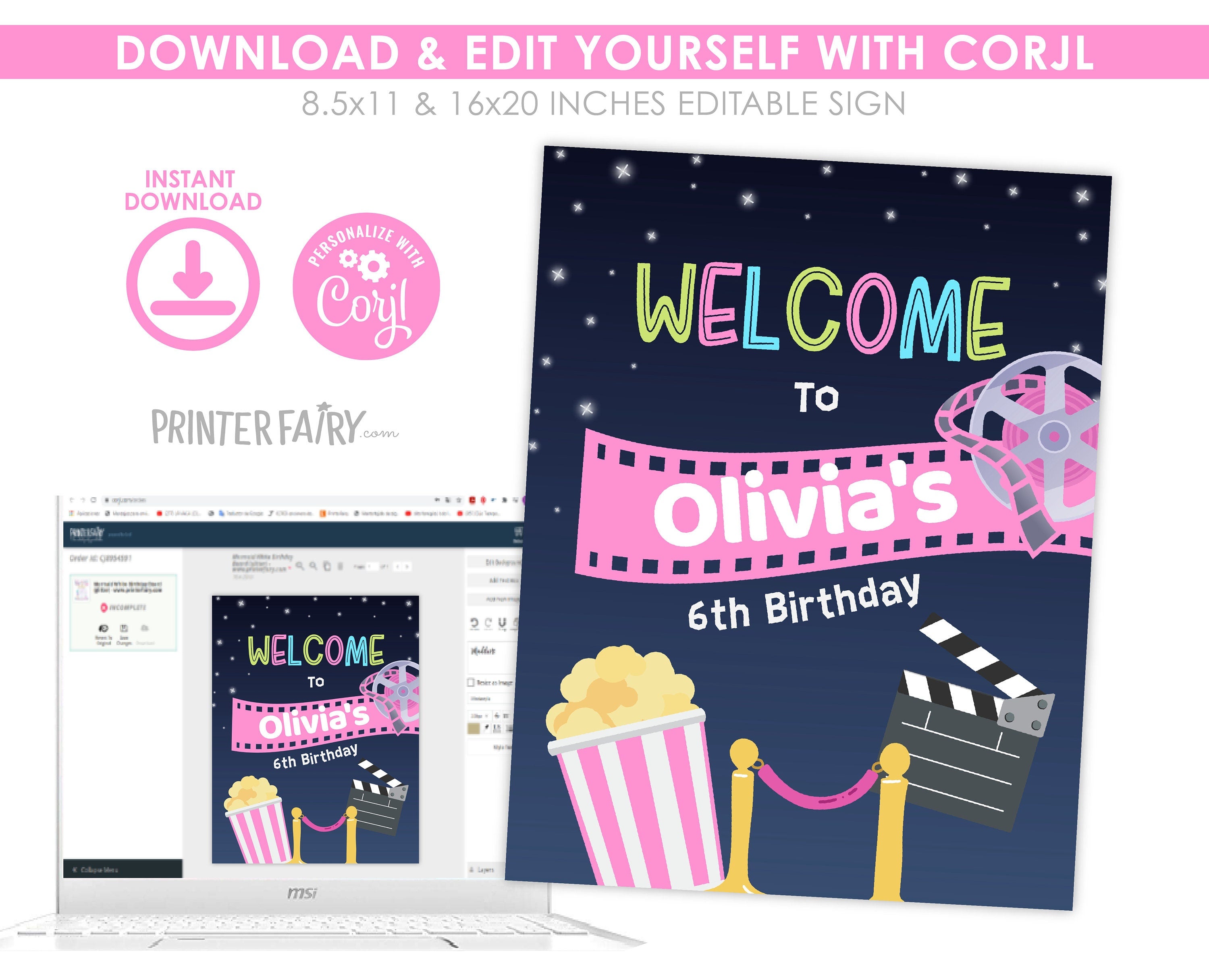 Editable Movie Night Birthday Welcome Sign Template (Instant Download)