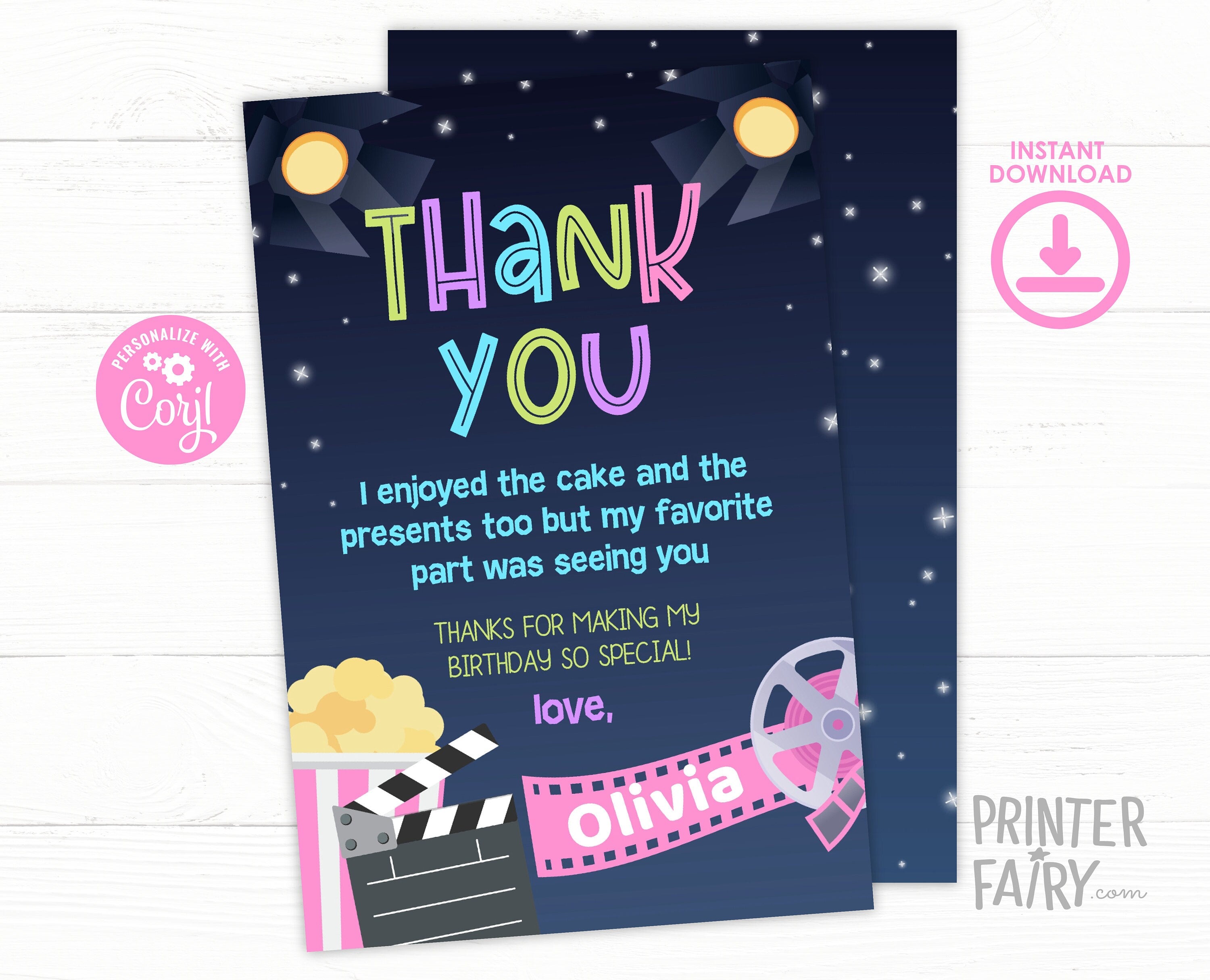 Movie Birthday Thank You Card, Editable Printable (Digital Item)