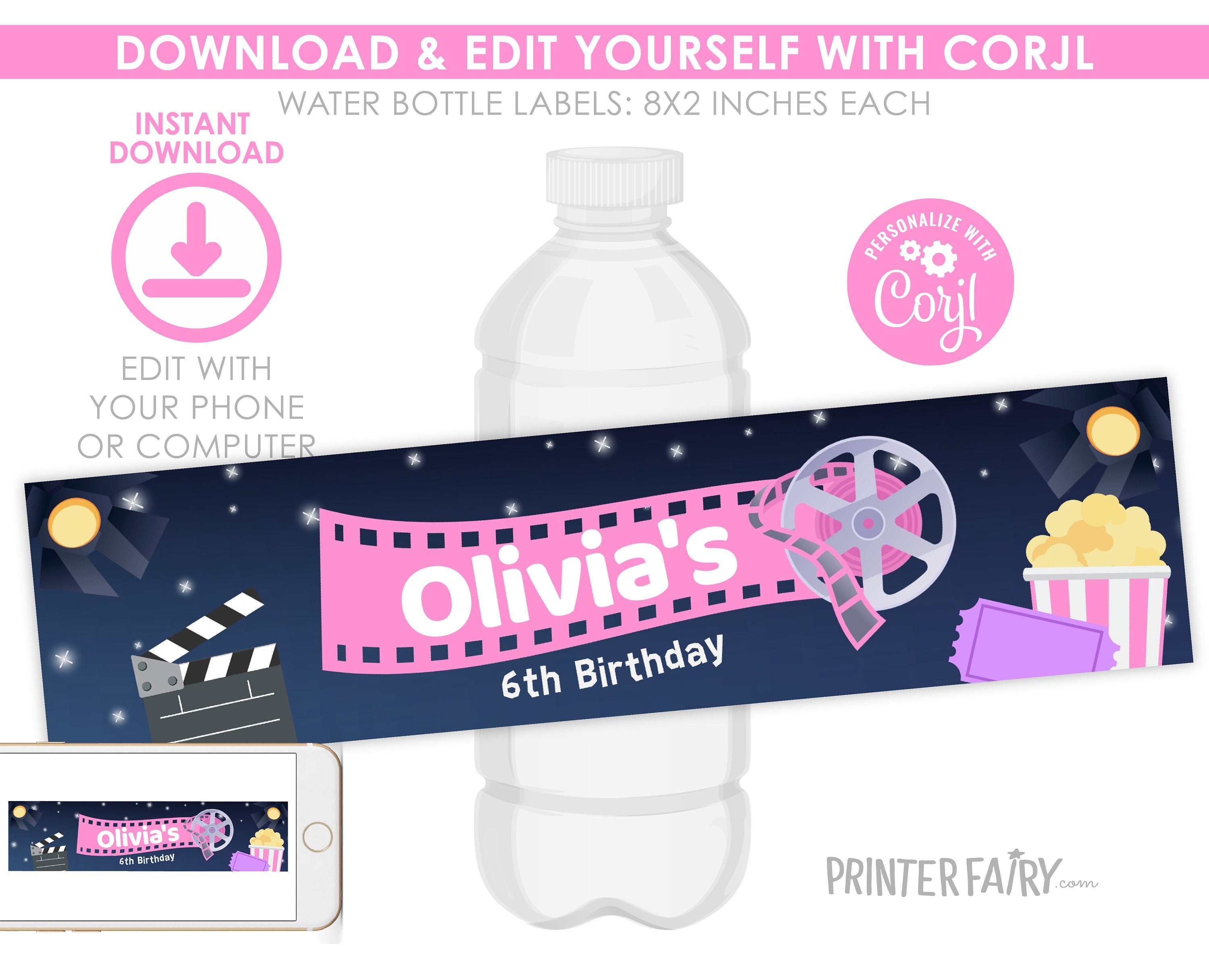 Editable Movie Birthday Water Bottle Label (Digital)