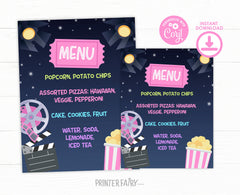 Movie Night Menu, Editable Printable Template (Instant Download)