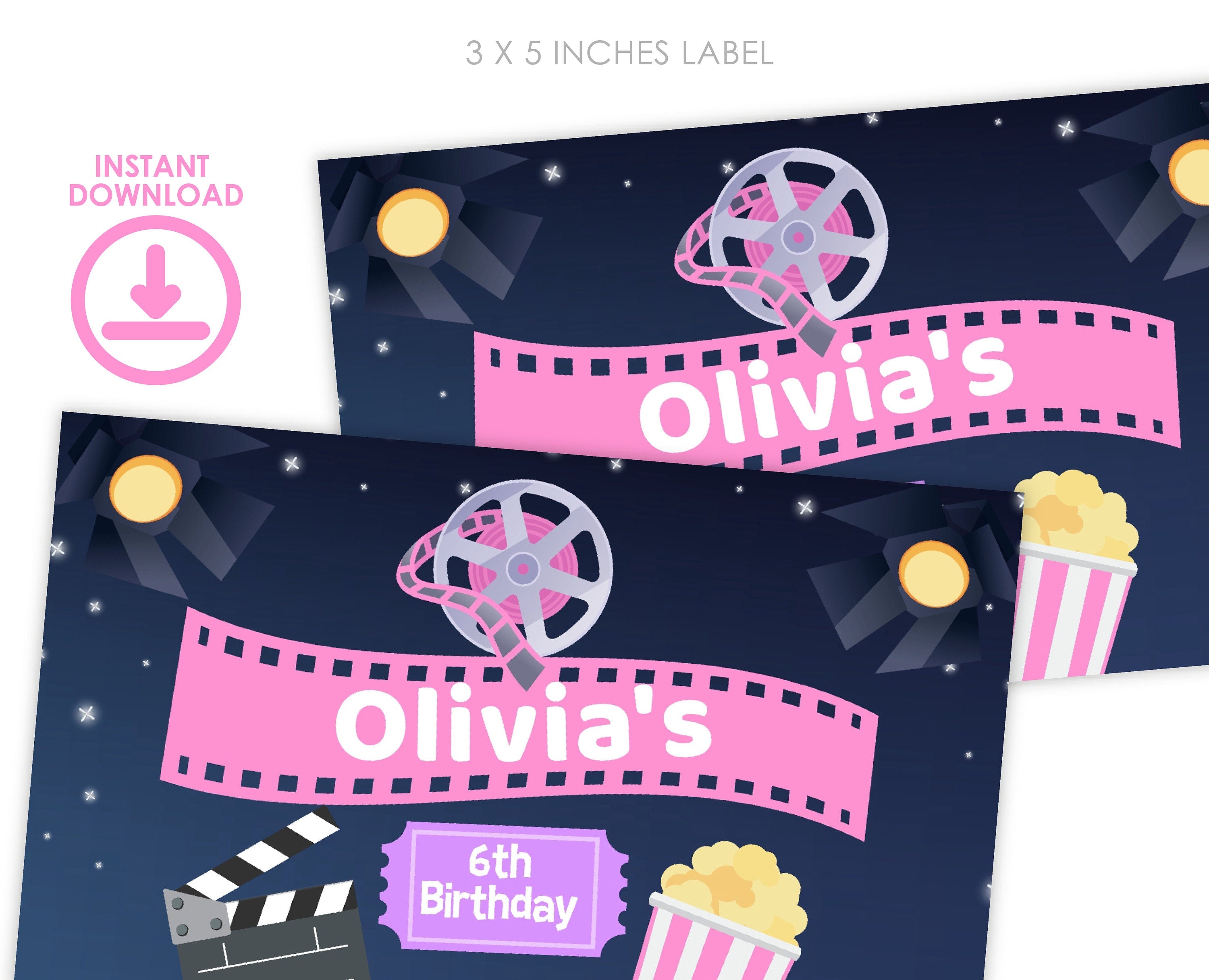 Movie Night Party Editable Printable Label Template for Party Favor Gable Box, Instant Download