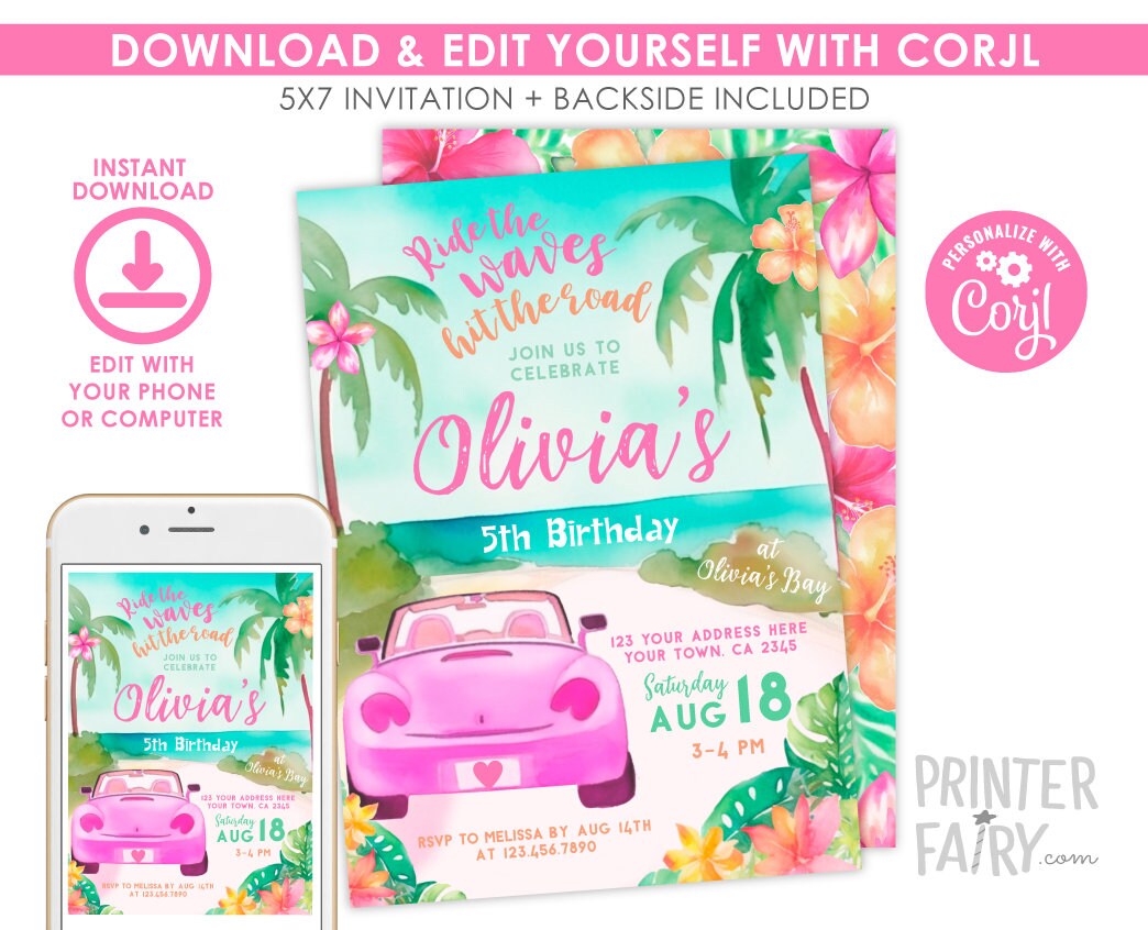 Beach Birthday Invitation, Tropical Surf Party, Editable Template (Digital Download)