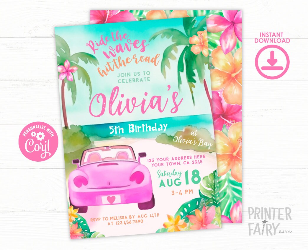 Beach Birthday Invitation, Tropical Surf Party, Editable Template (Digital Download)