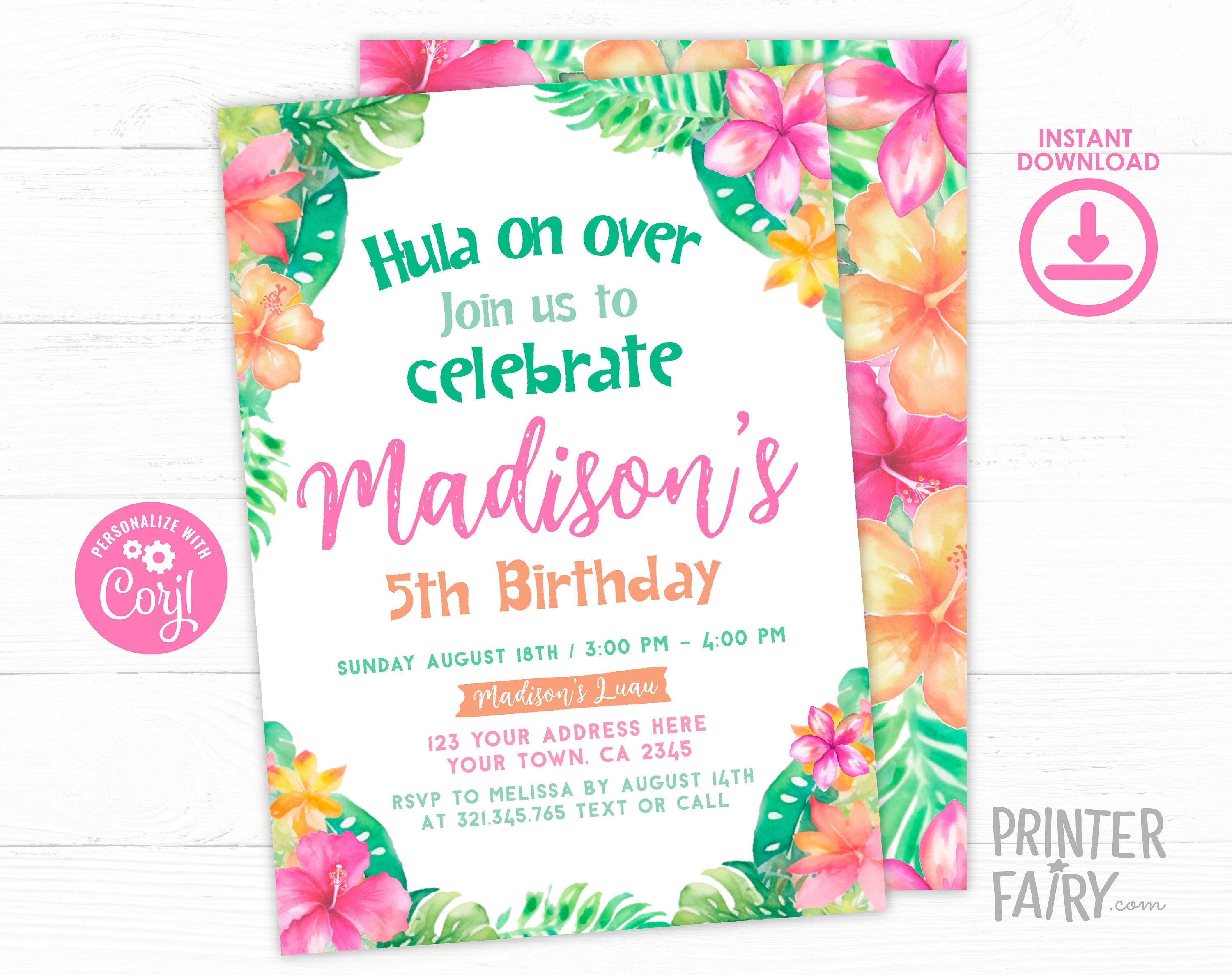 Editable Luau Birthday Invitation, Tropical Floral Design (Digital Download)