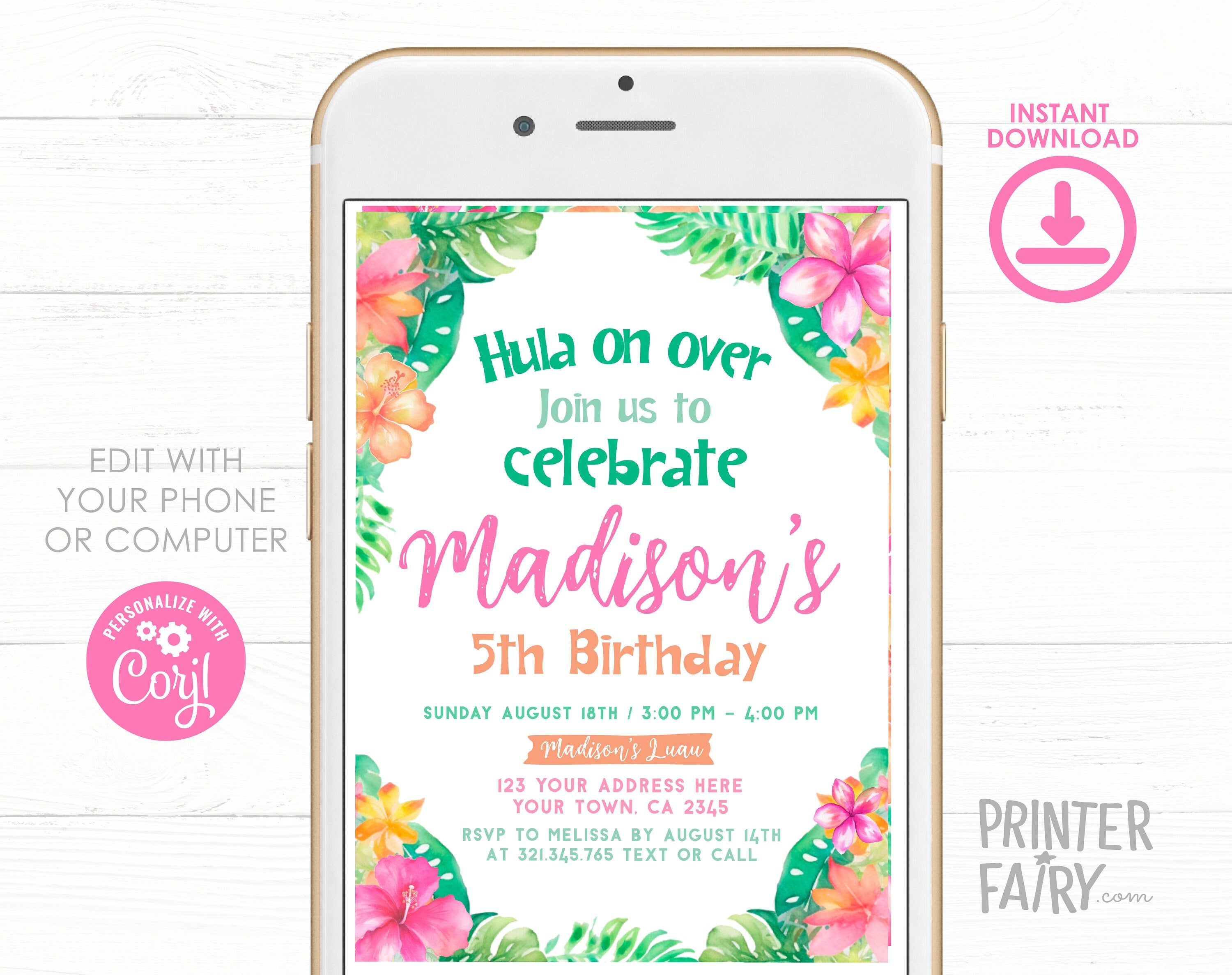 Editable Luau Birthday Invitation, Tropical Floral Design (Digital Download)