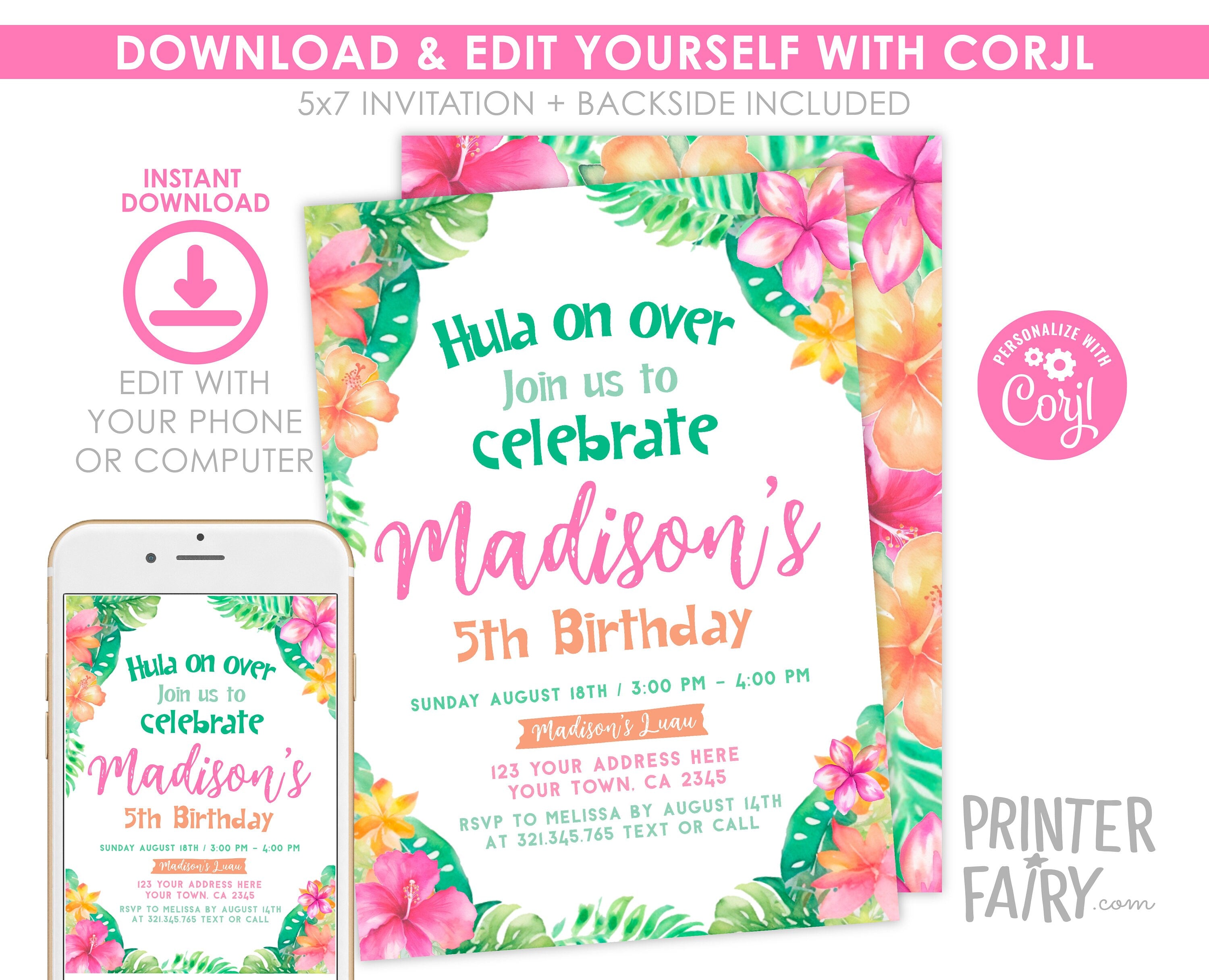 Editable Luau Birthday Invitation, Tropical Floral Design (Digital Download)