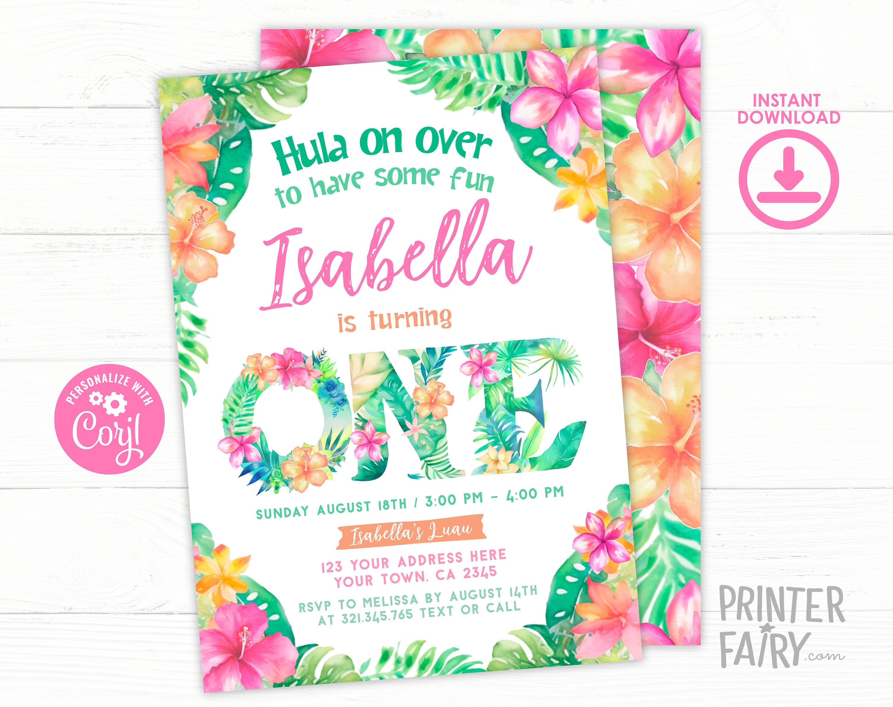 Editable Luau First Birthday Invitation, Tropical Floral Invite (Digital)