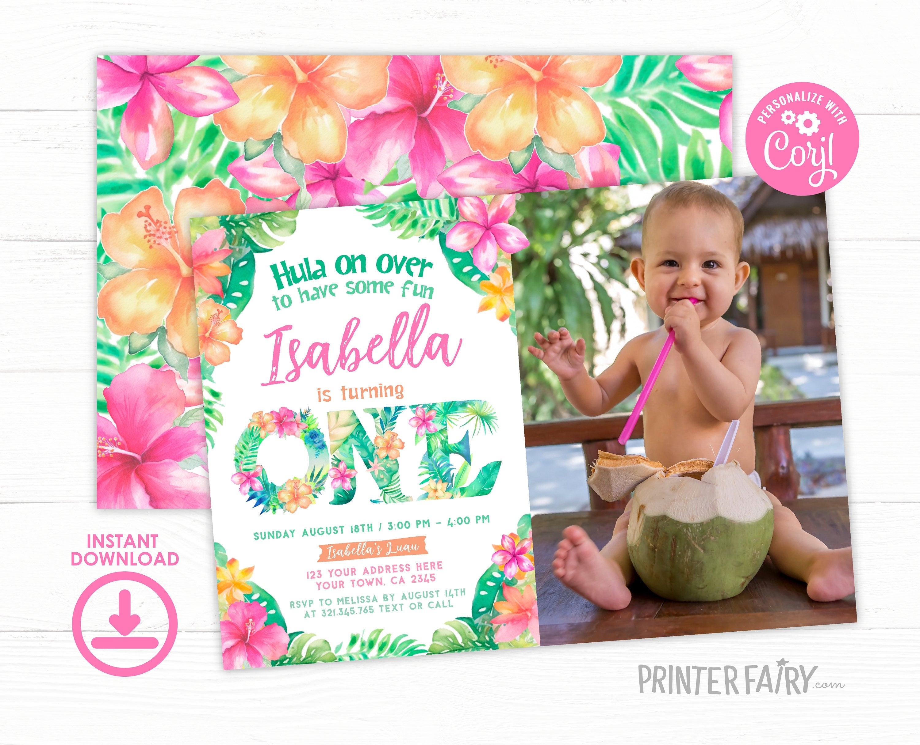 Luau First Birthday Invitation with Photo, Tropical Hula (Editable)