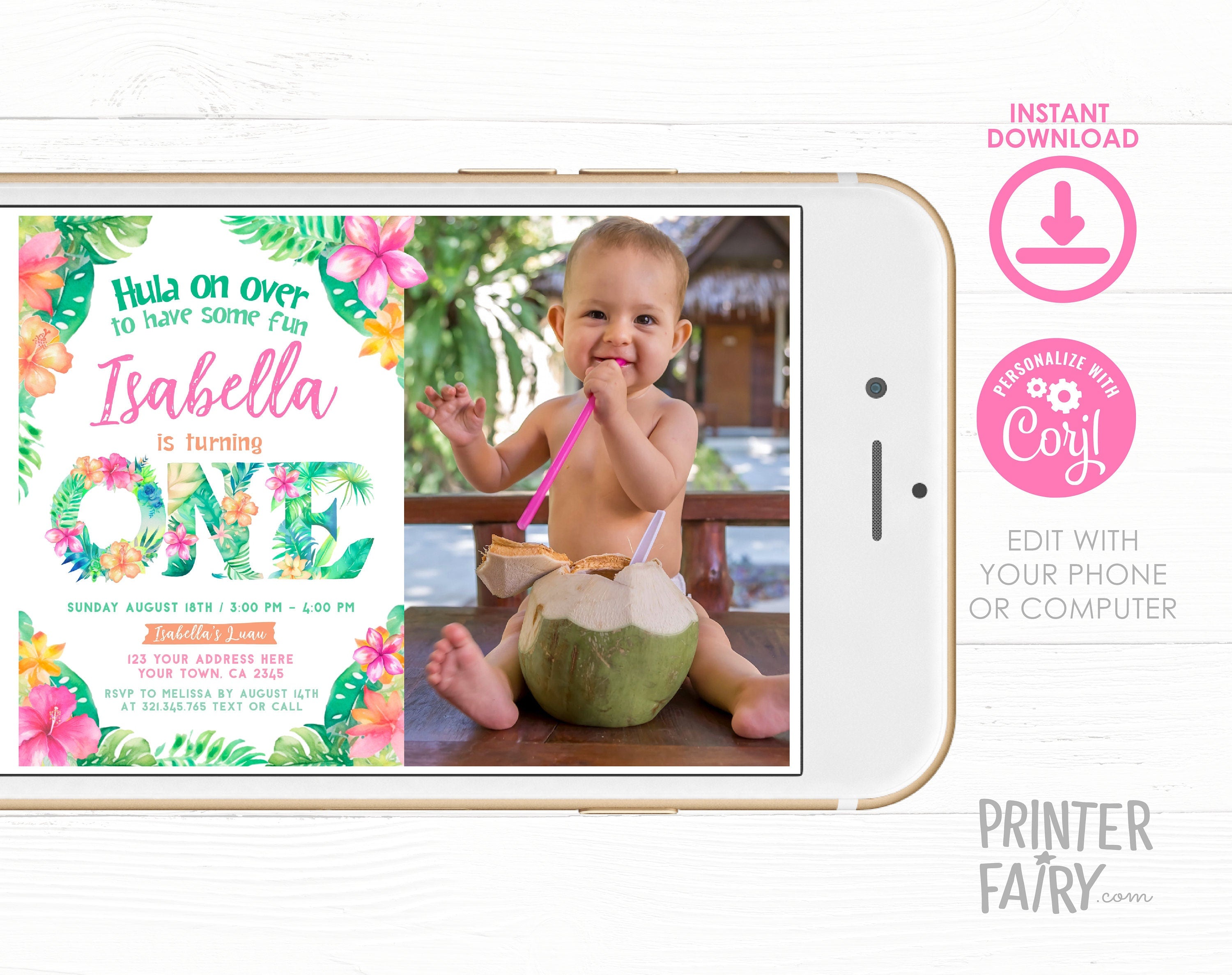 Luau First Birthday Invitation with Photo, Tropical Hula (Editable)