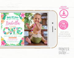Luau First Birthday Invitation with Photo, Tropical Hula (Editable)