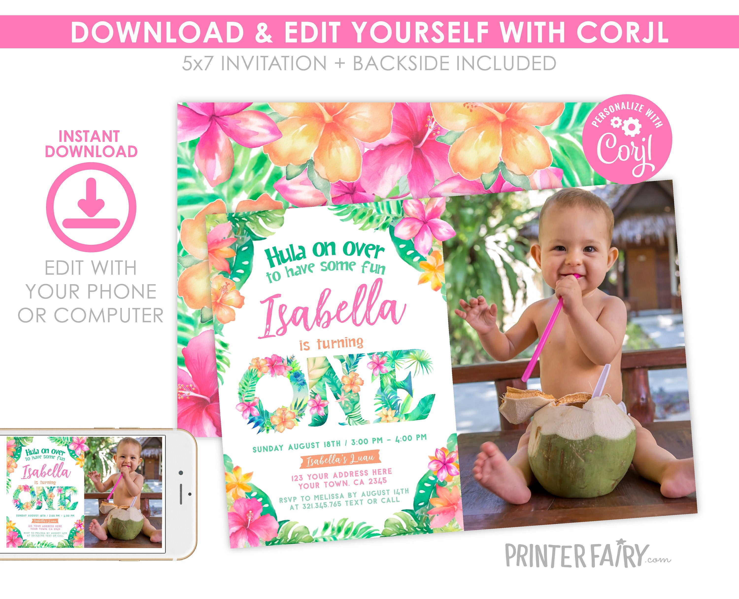 Luau First Birthday Invitation with Photo, Tropical Hula (Editable)