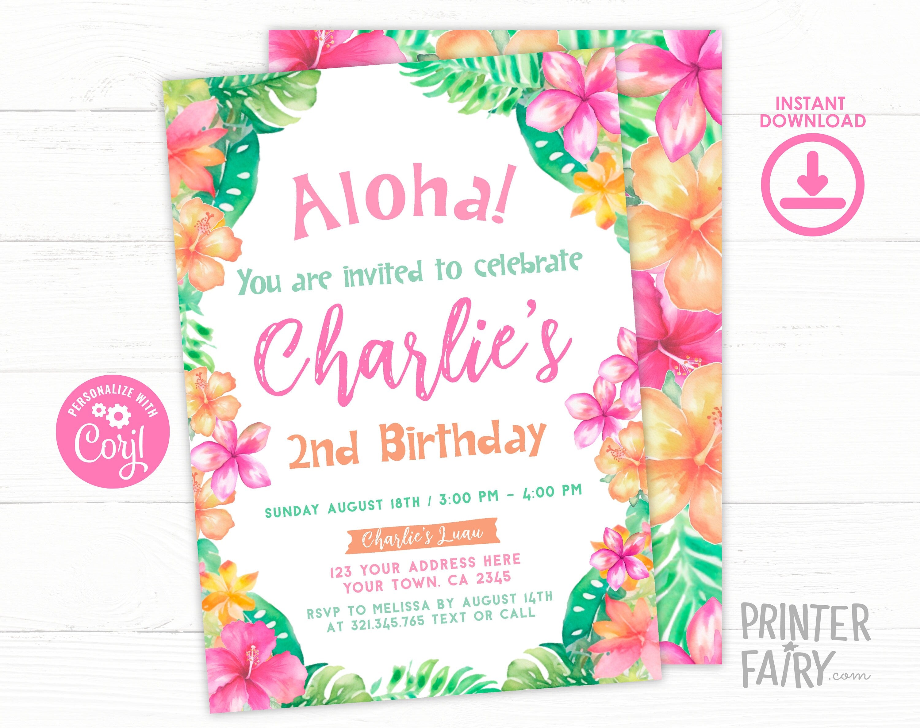 Luau Birthday Invitation Editable Template for Any Age, Hawaiian Party Tropical Invite, INSTANT DOWNLOAD