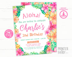 Luau Birthday Invitation Editable Template for Any Age, Hawaiian Party Tropical Invite, INSTANT DOWNLOAD