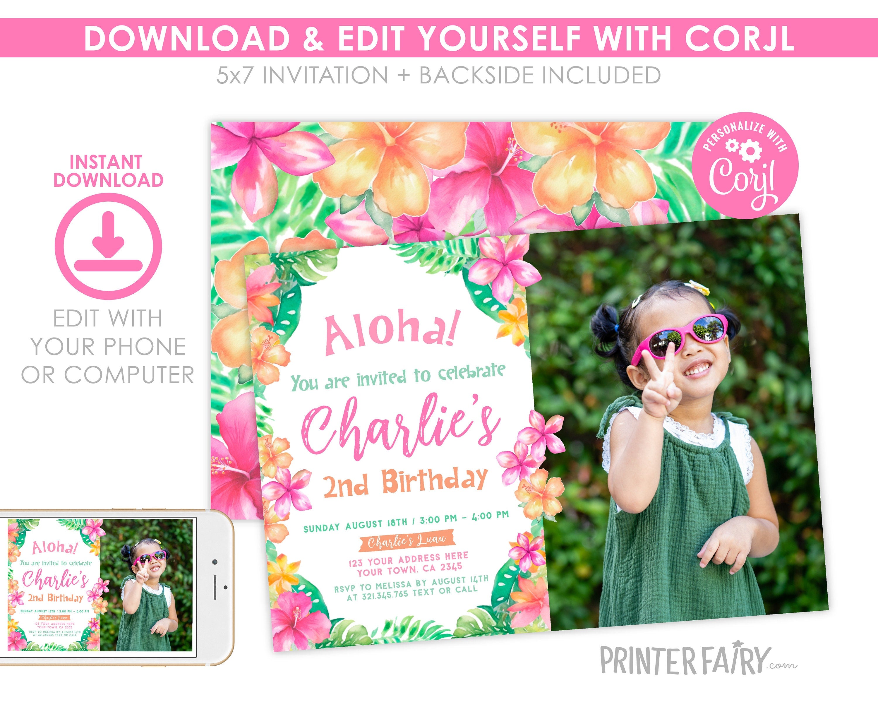 Luau 2nd Birthday Photo Invitation, Editable Hawaiian Theme (Digital)