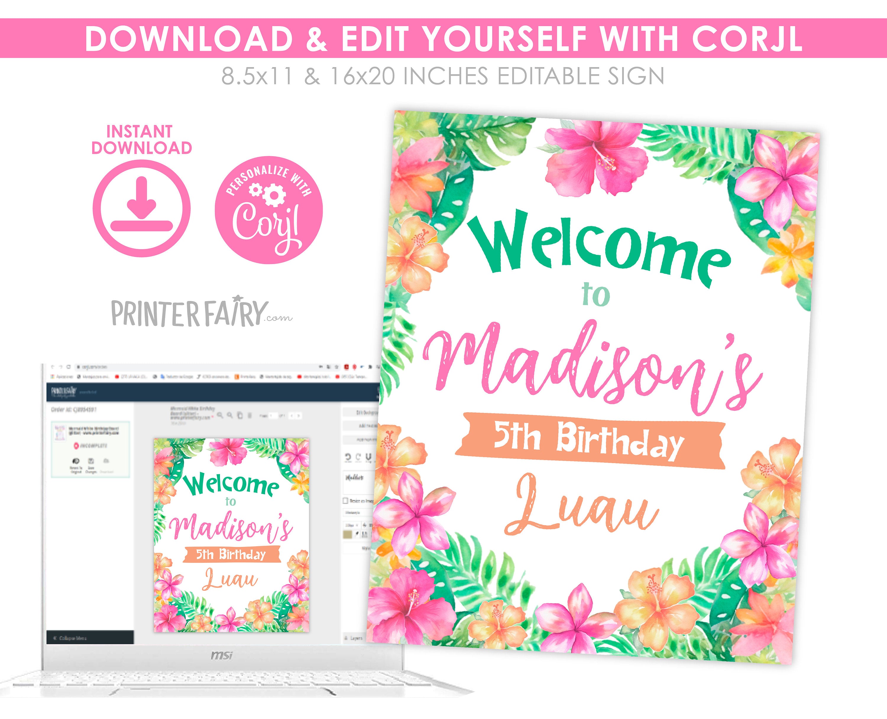 Luau Welcome Sign Editable Template, Customize for any Event, INSTANT DOWNLOAD