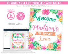 Luau Welcome Sign Editable Template, Customize for any Event, INSTANT DOWNLOAD