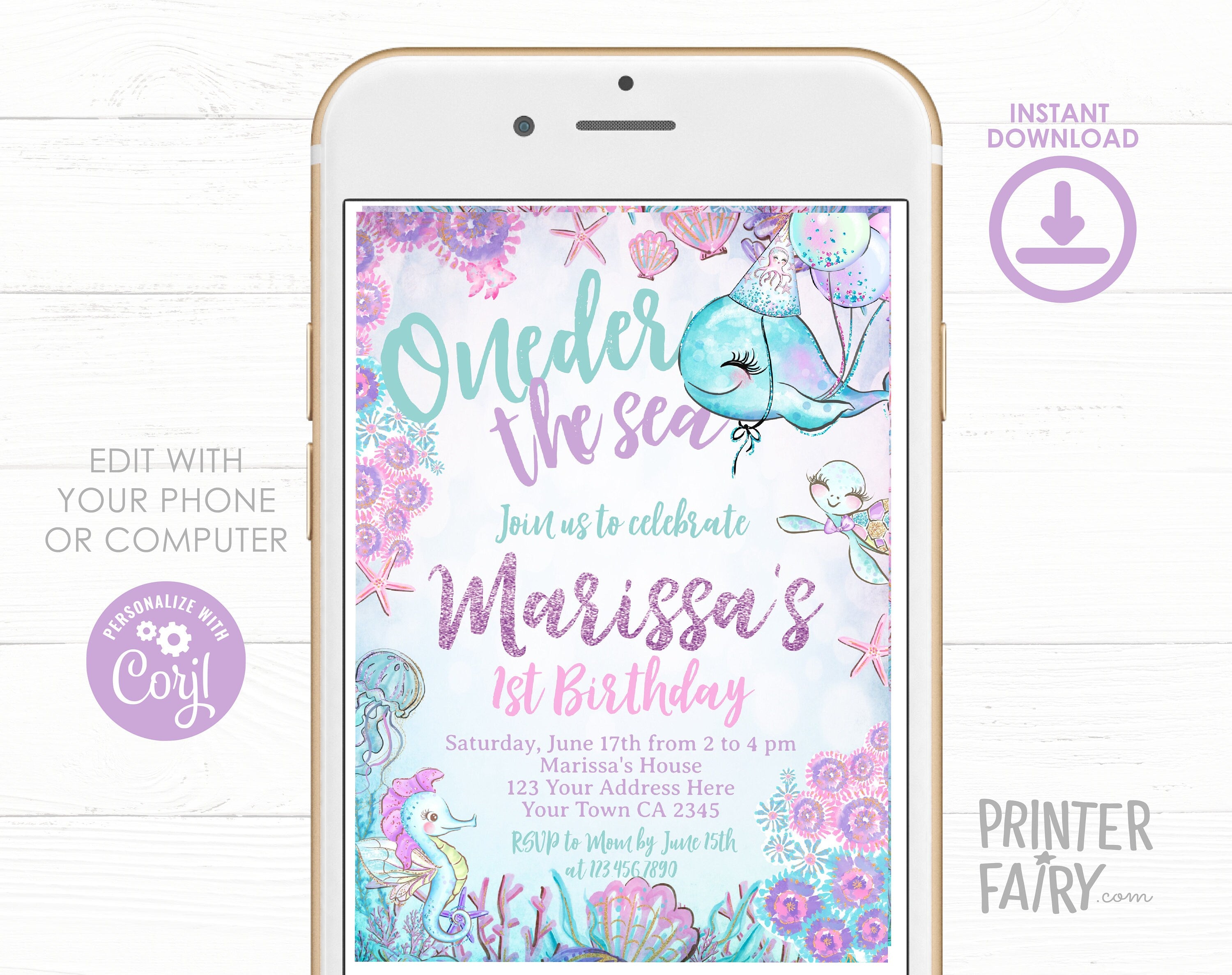 Under The Sea 1st Birthday Invitation, Whale Party (Editable, Instant Download, Printable)