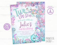 Under The Sea 2nd Birthday Invitation Editable Template, Two The Sea Turtle Party Invite, Instant Download