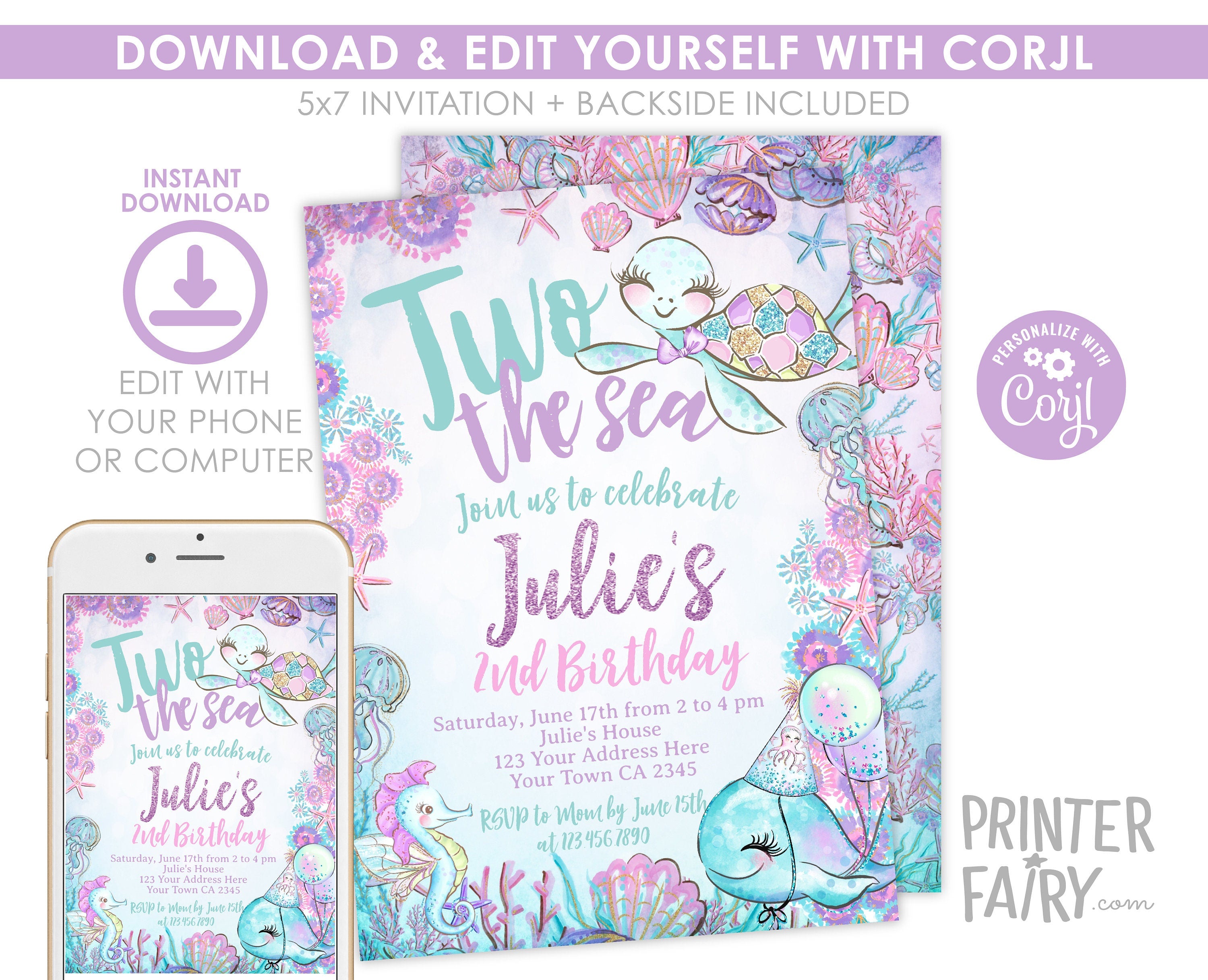 Under The Sea 2nd Birthday Invitation Editable Template, Two The Sea Turtle Party Invite, Instant Download
