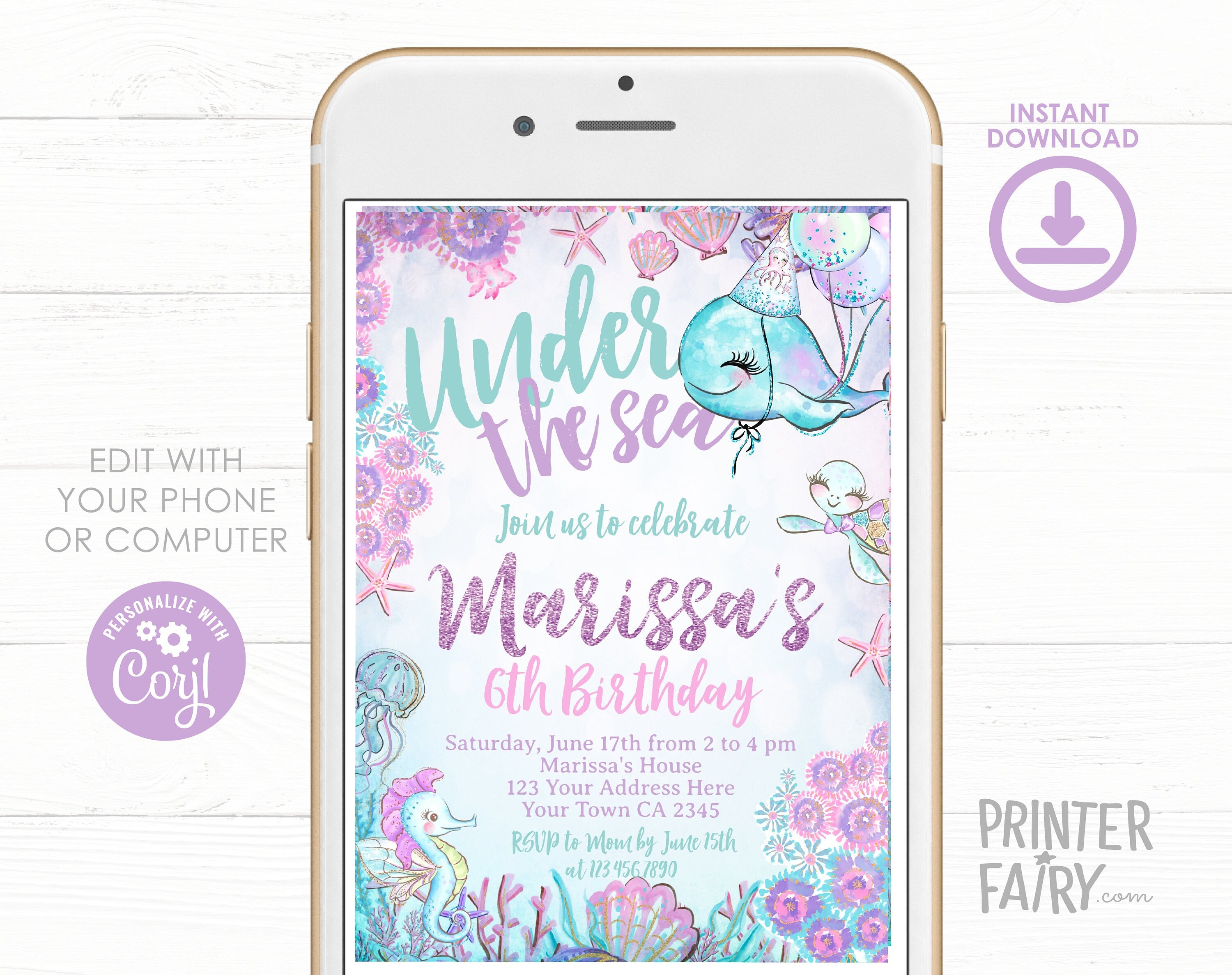 Under The Sea Birthday Invitation, Sea Animals (Editable, Instant Download)