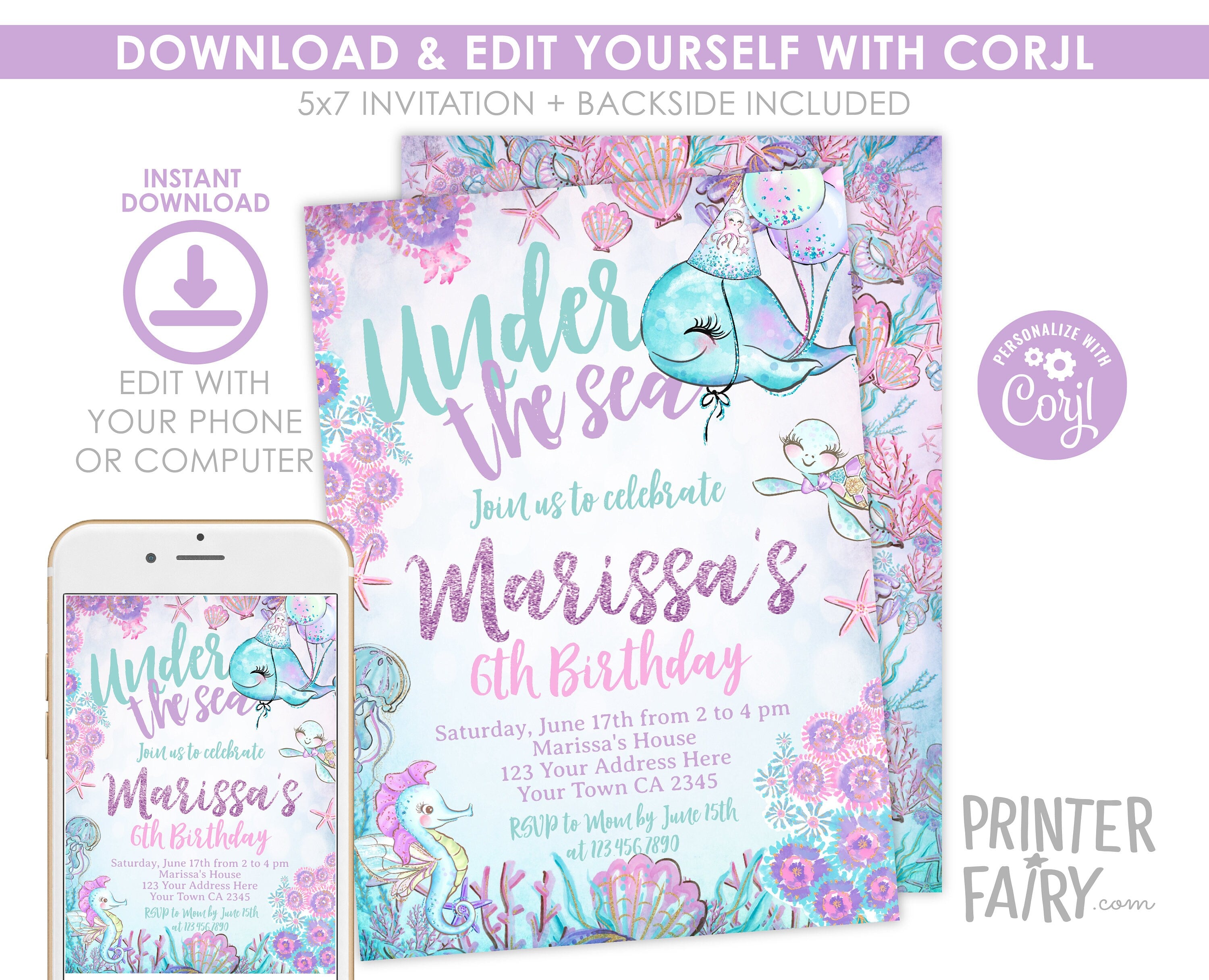 Under The Sea Birthday Invitation, Sea Animals (Editable, Instant Download)