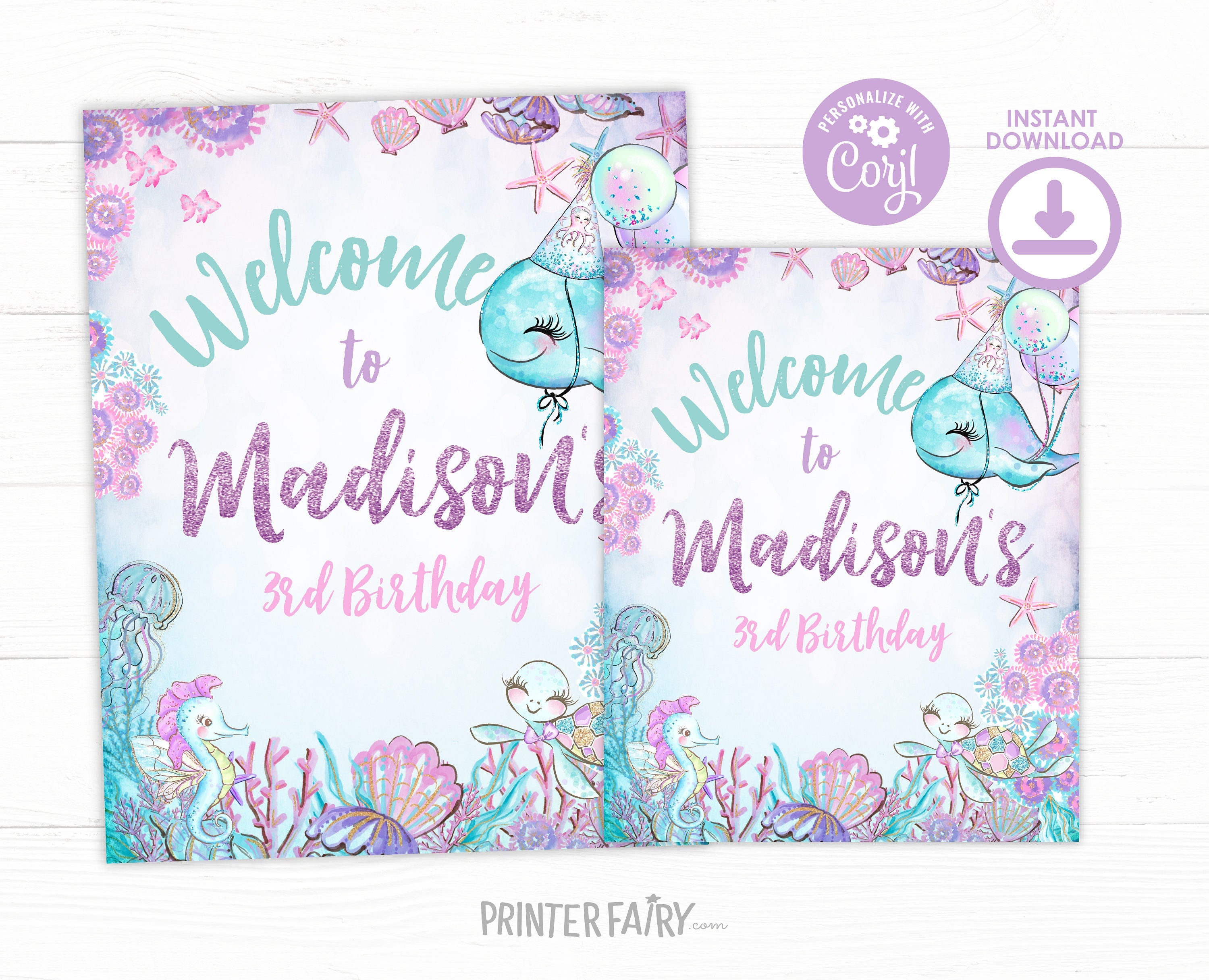 Under The Sea Birthday Welcome Sign, Sea Turtle Party (Printable)