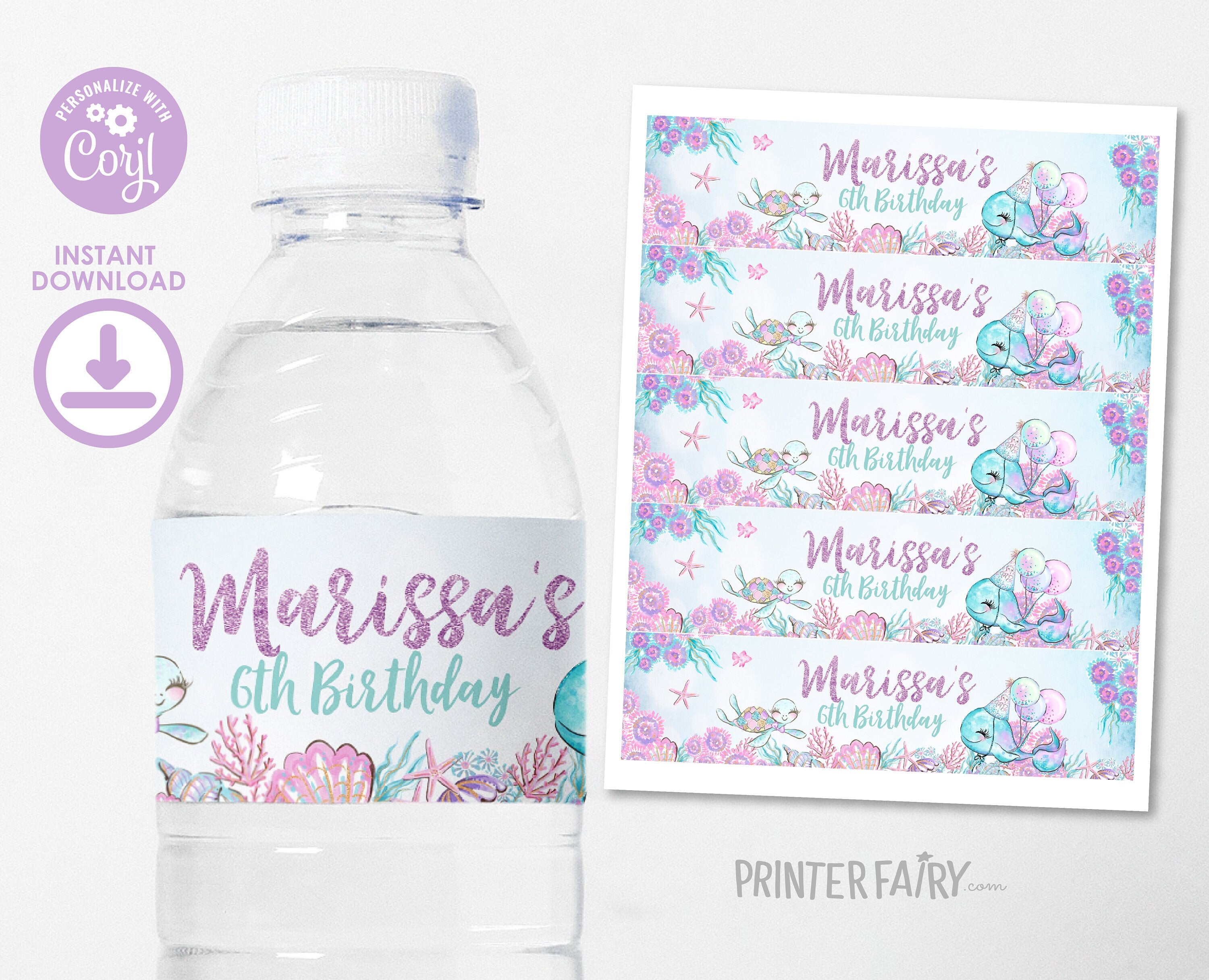 Under The Sea Birthday Water Bottle Label, Editable Template Mermaid Theme (Digital Instant Download)