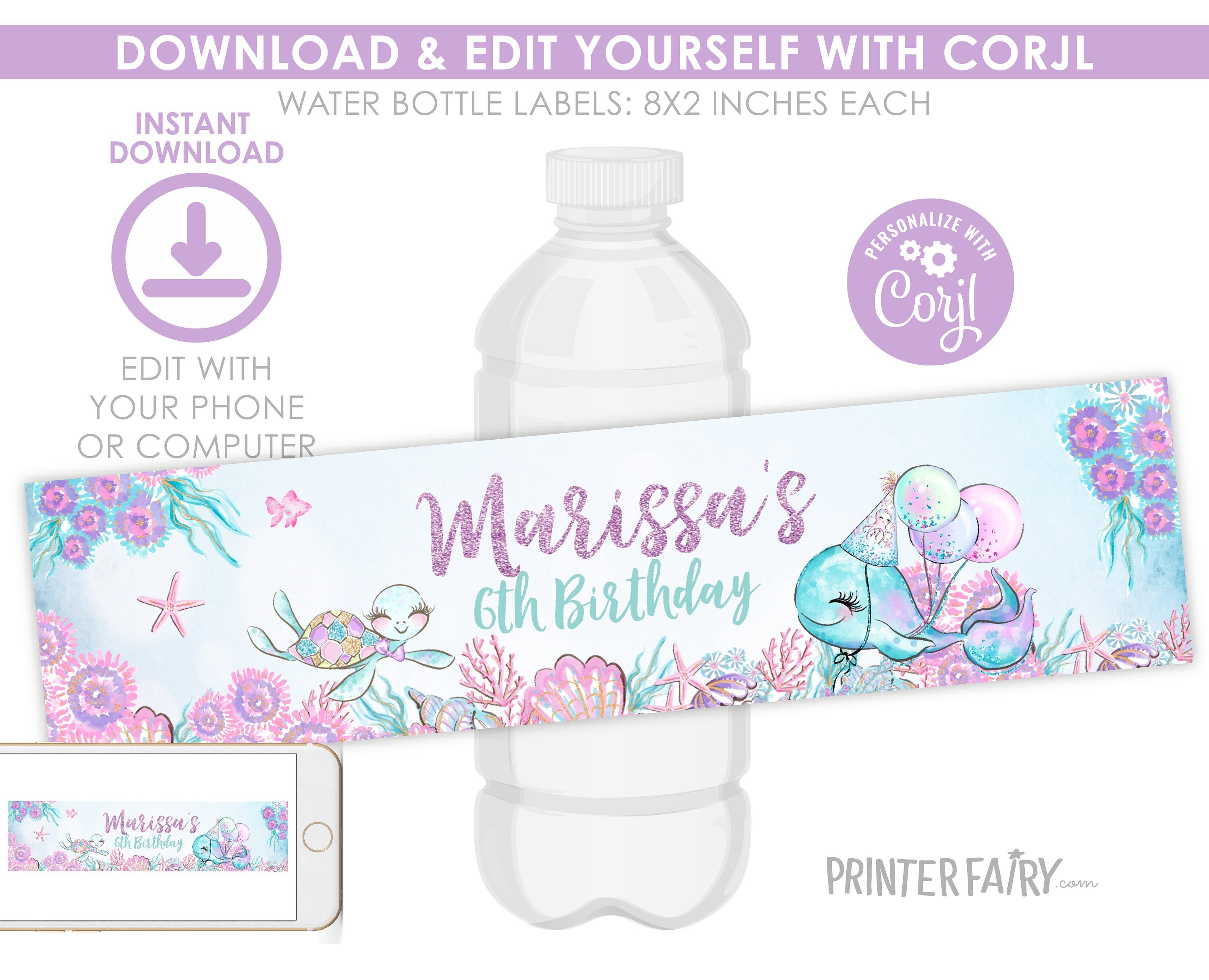 Under The Sea Birthday Water Bottle Label, Editable Template Mermaid Theme (Digital Instant Download)