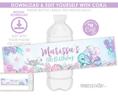 Under The Sea Birthday Water Bottle Label, Editable Template Mermaid Theme (Digital Instant Download)