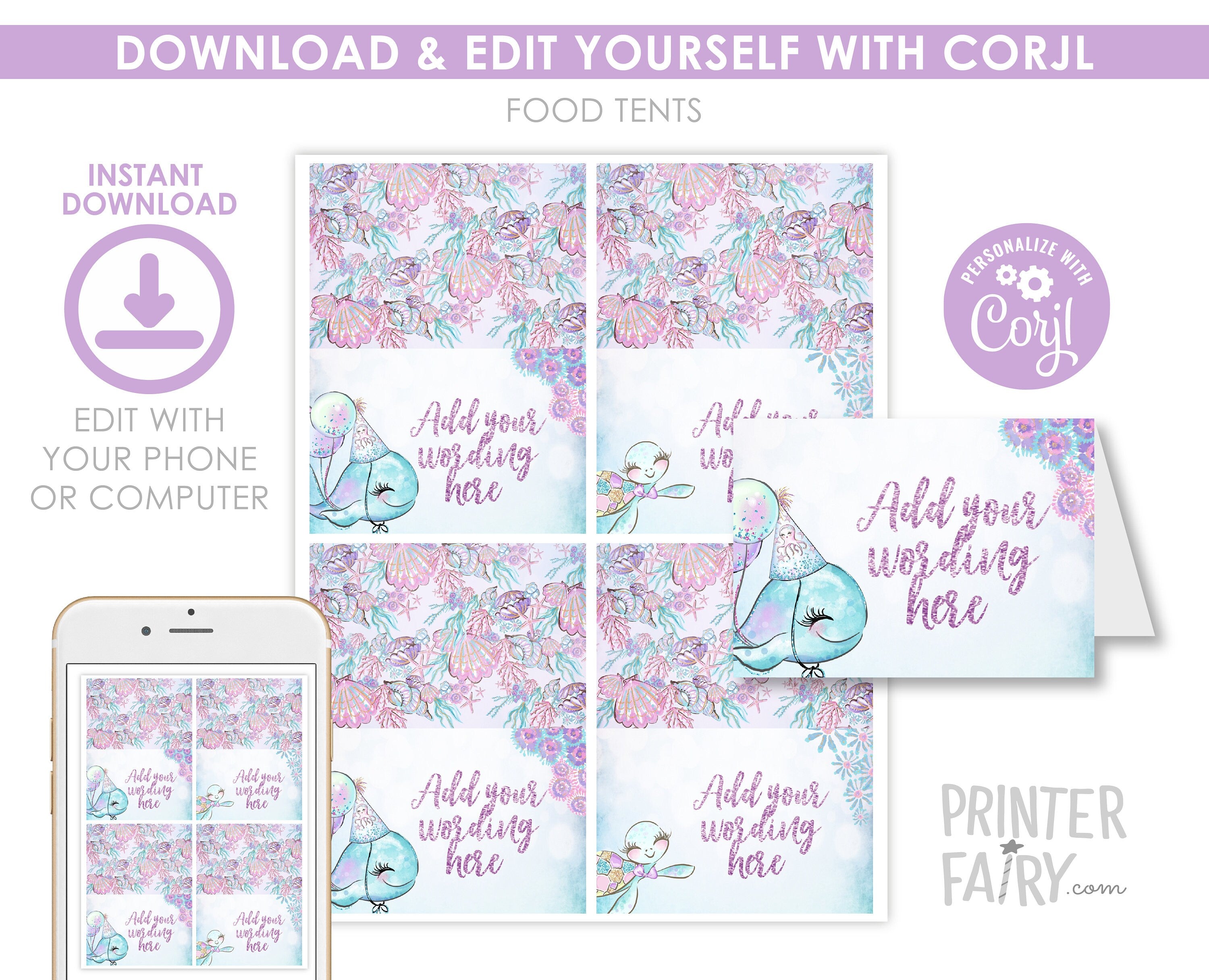 Under The Sea Party Food Tents, Sea Animals, Editable Labels (Instant Download Printable